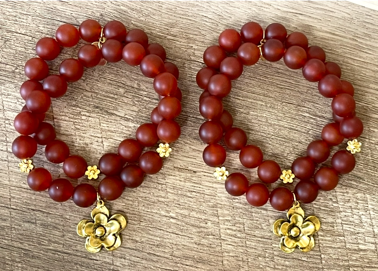 Matte Carnelian Stretch Bracelet Set: 2 bracelets with antiqued gold accents