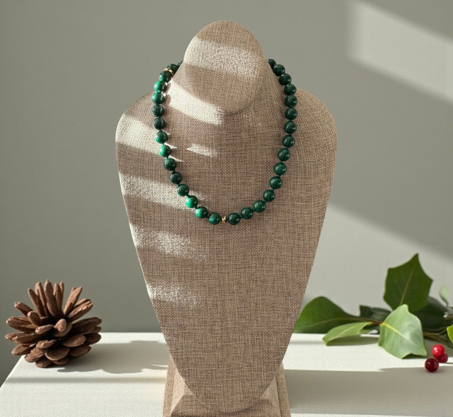 Vintage Vogue Necklace: Vintage Chinese Jade beads hand-knotted on matching satin cord•Gold pavé accents and charms