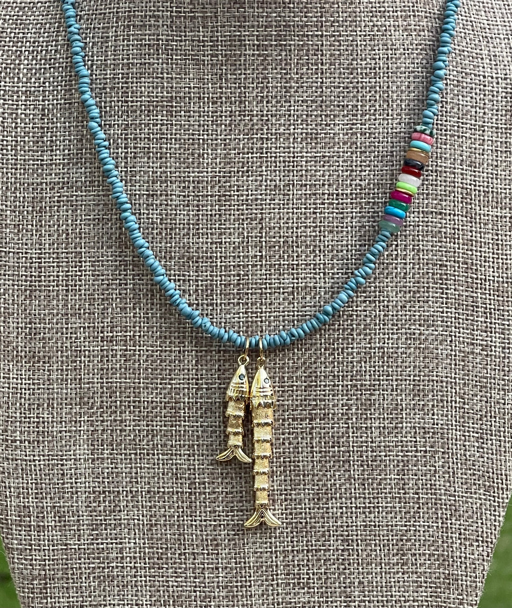 Gone Fishin’ Necklace: Indonesian Java  Beads (glass) Mixed Gemstone Accents Gold Fish Pendants