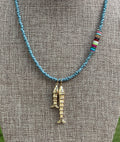 Gone Fishin’ Necklace: Indonesian Java  Beads (glass) Mixed Gemstone Accents Gold Fish Pendants