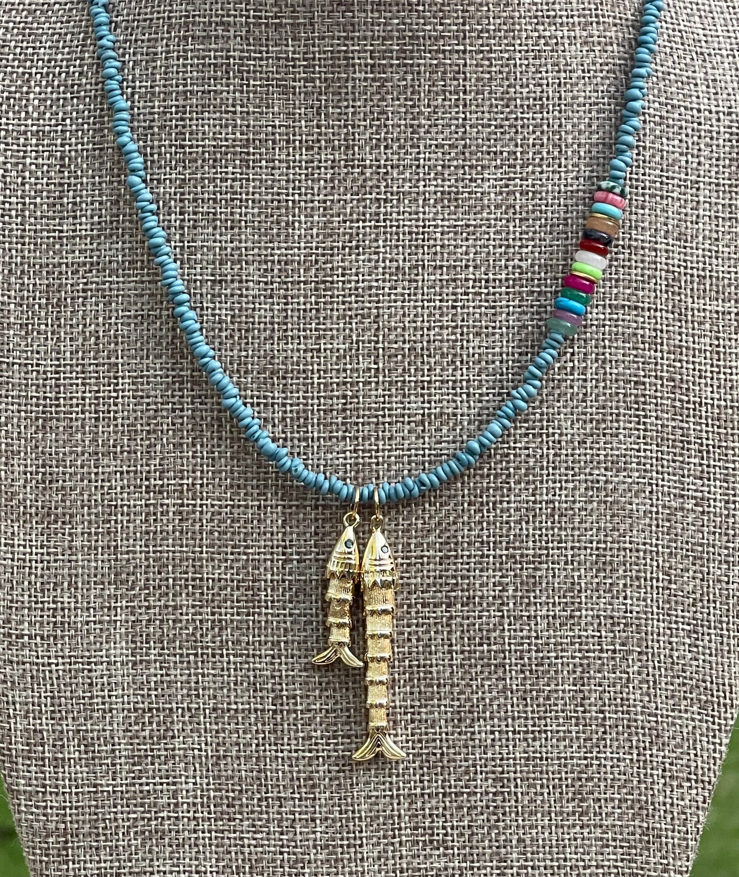 Gone Fishin’ Necklace: Indonesian Java  Beads (glass) Mixed Gemstone Accents Gold Fish Pendants