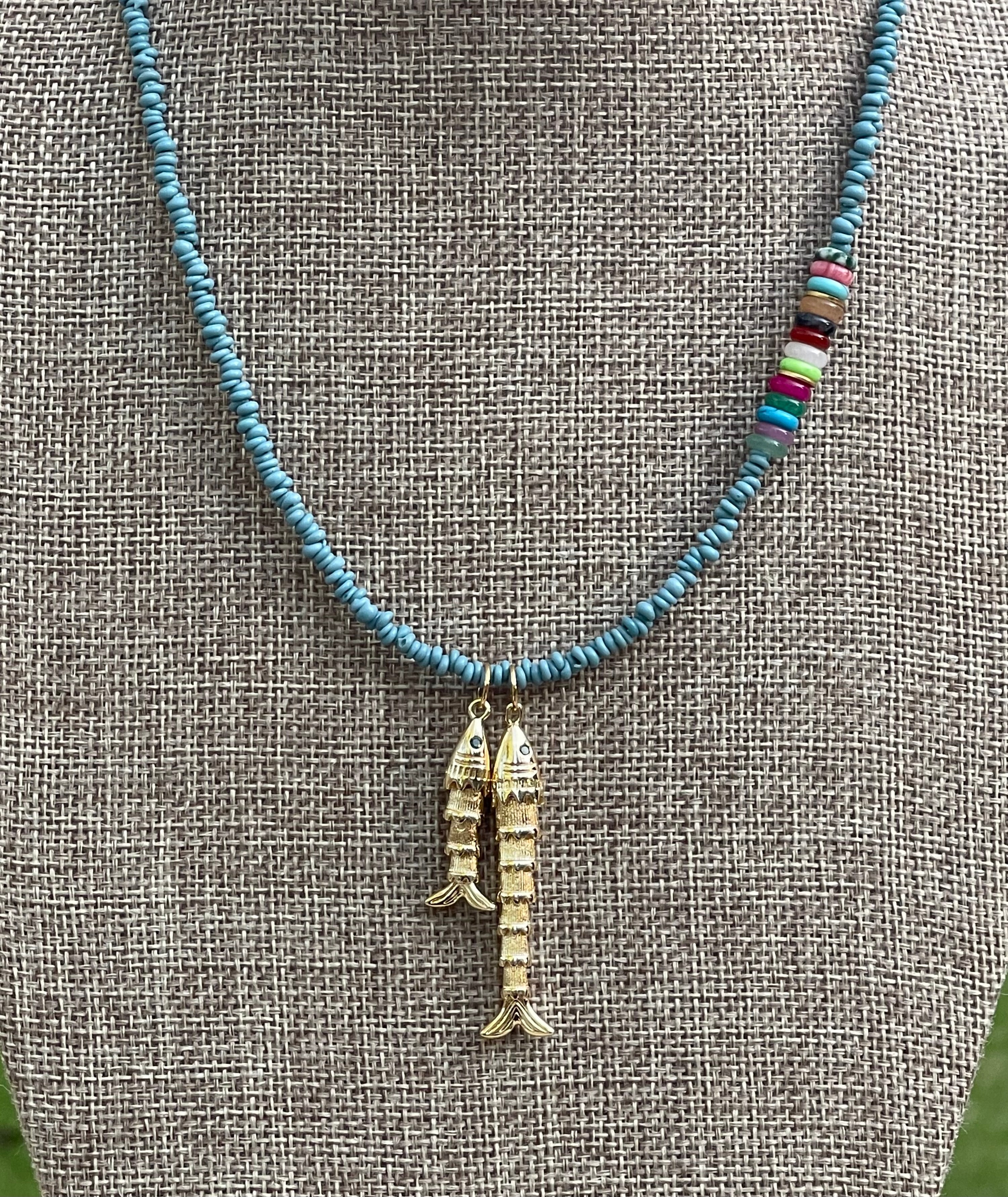 Gone Fishin’ Necklace: Indonesian Java  Beads (glass) Mixed Gemstone Accents Gold Fish Pendants