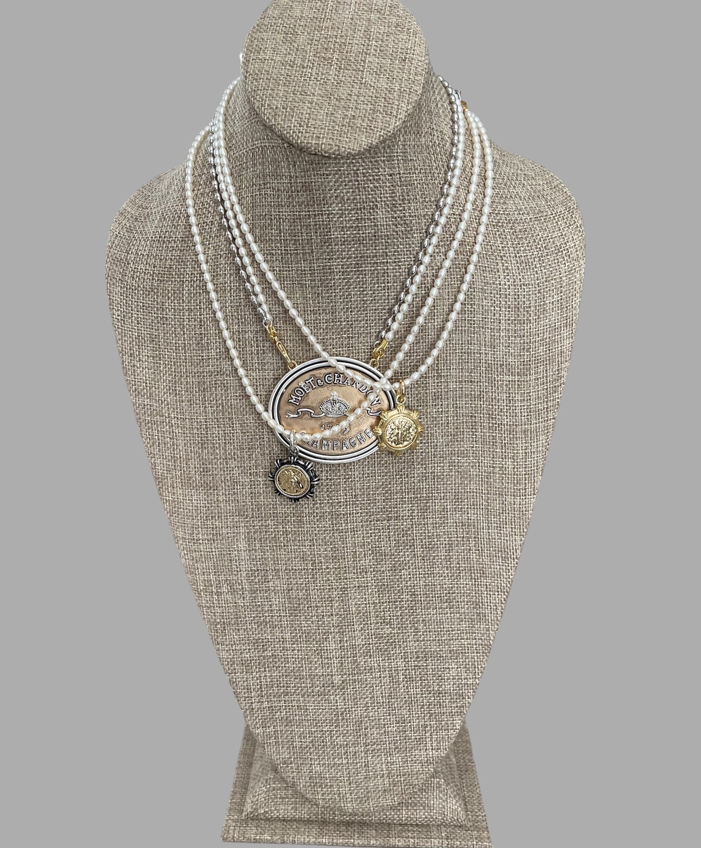 Bee Happy II Necklace: A Freshwater Pearl Necklace w a Silver/Gunmetal/Gold French Bee Coin Pendant