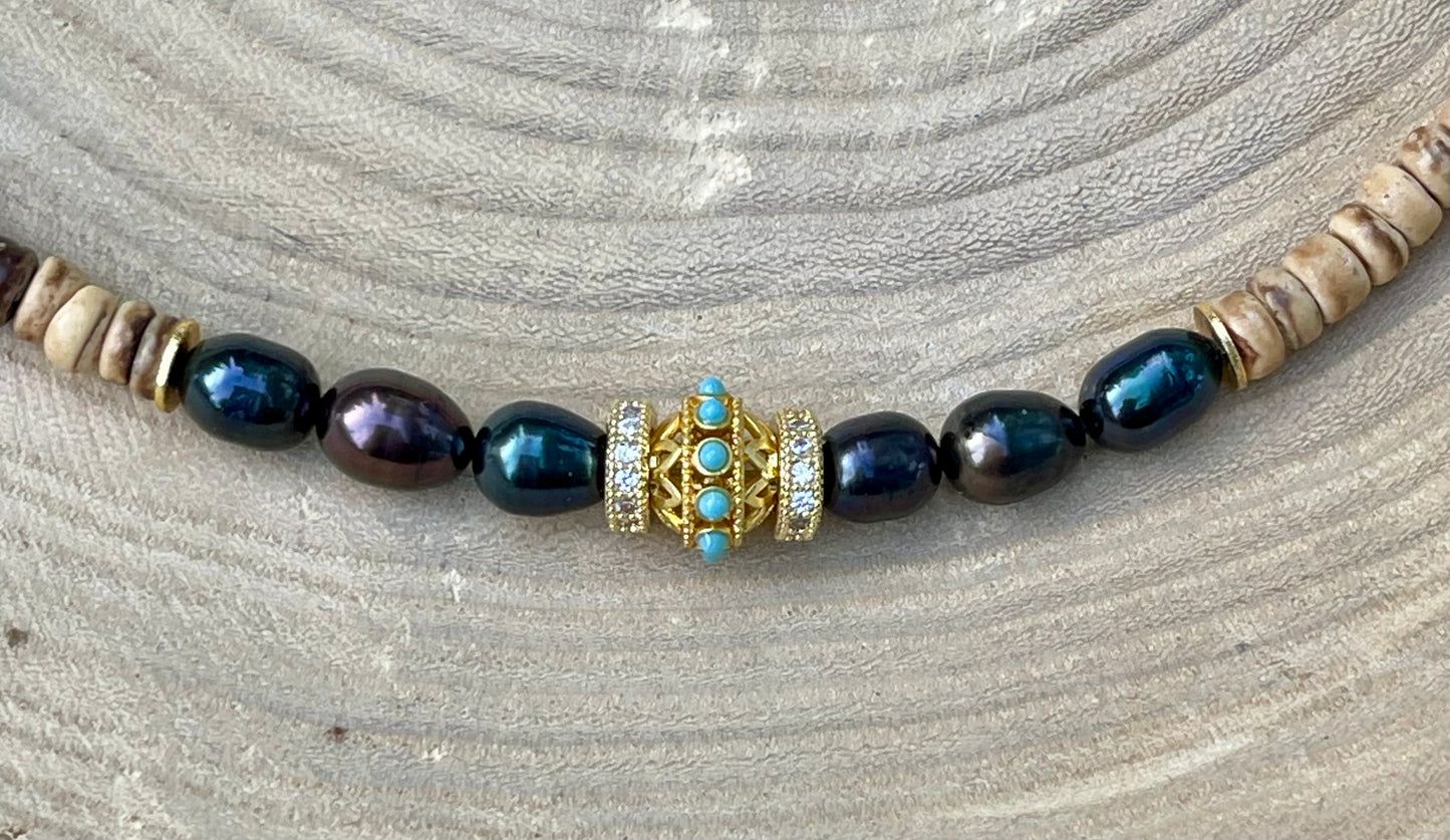 Coconut Midnight Pearl Necklace: Coconut Shell, Freshwater midnight Pearls, Turquoise & gold accents OOAK