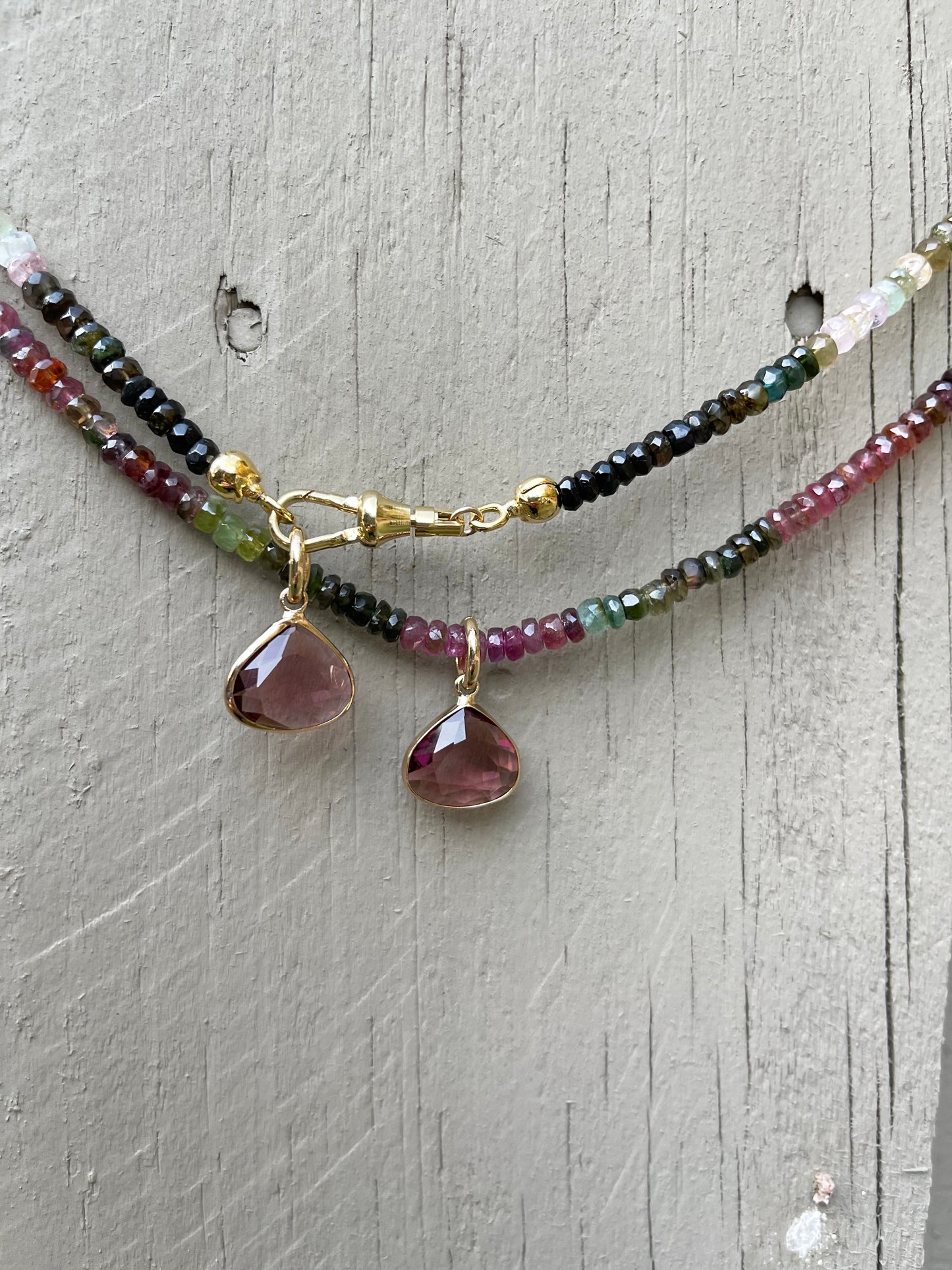 Tourmaline Dream Necklace: Faceted Tourmaline Gemstone beads with a Gold Filled Clasp and a Crystal pendant