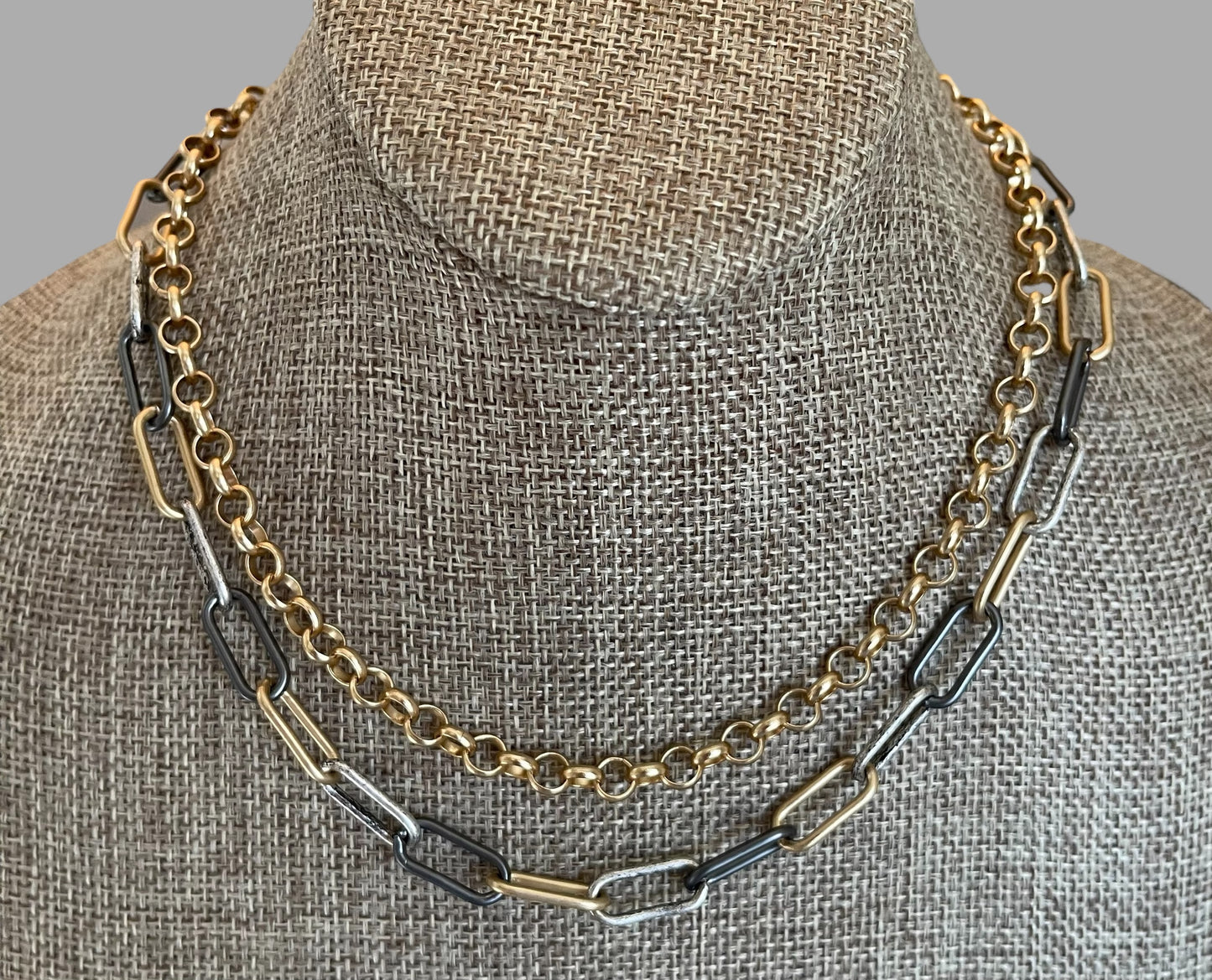 Double Chain Layering Necklace: A brushed gold Rolo chain and a Tri-tone Paperclip chain