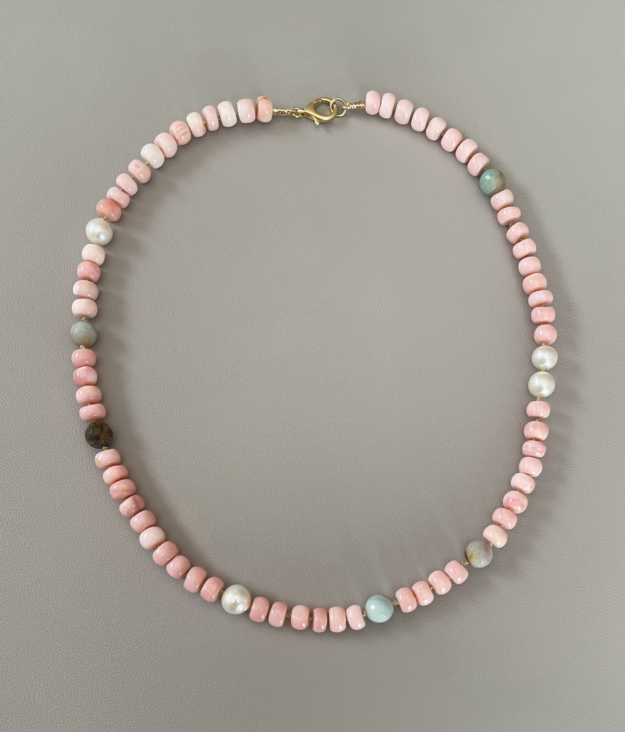The Audrey Necklace: Natural pink opals hand knotted on pale green silk w Pearls and Amazonite