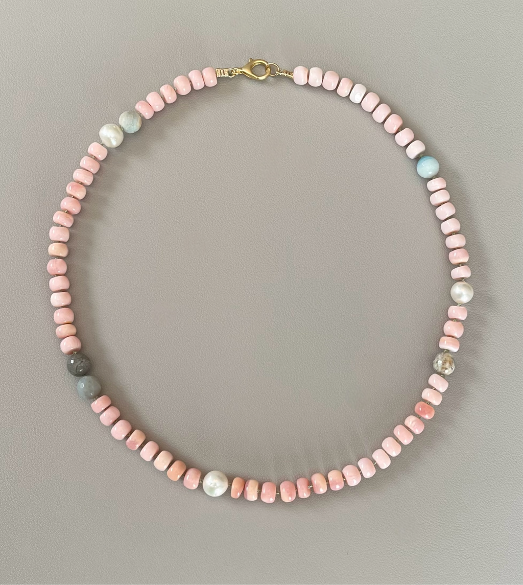 The Audrey Necklace: Natural pink opals hand knotted on pale green silk w Pearls and Amazonite