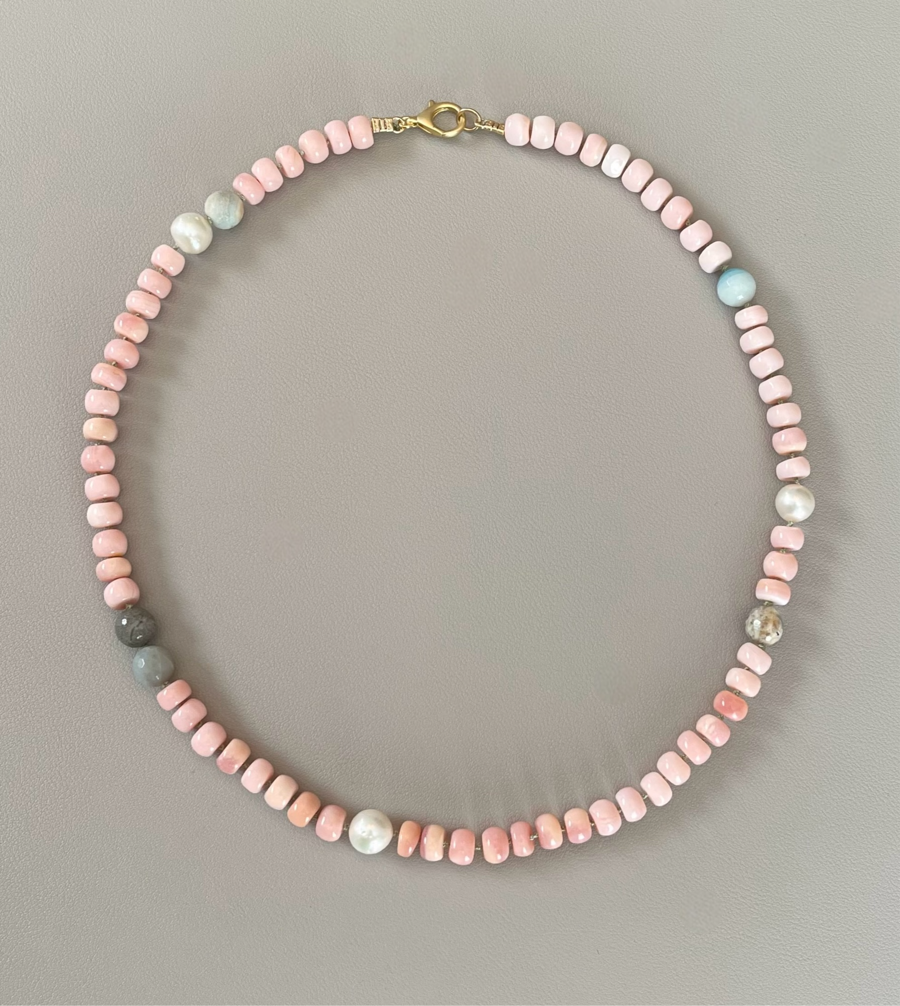 The Audrey Necklace: Natural pink opals hand knotted on pale green silk w Pearls and Amazonite