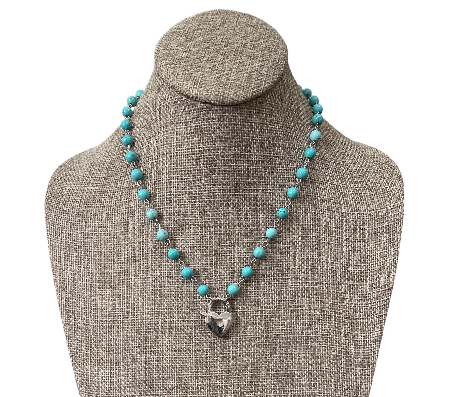 Petite Turquoise Heartbeat Necklace: 6mm Turquoise bead-n-link chain with Silver padlock style clasp charm