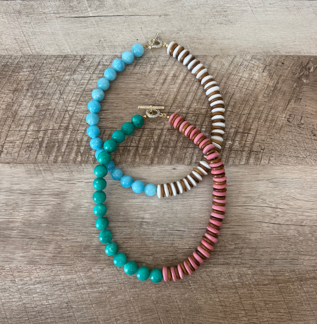 Freshly Picked Necklace: Ashanti glass, wood and Jade with a gold pavé clasp