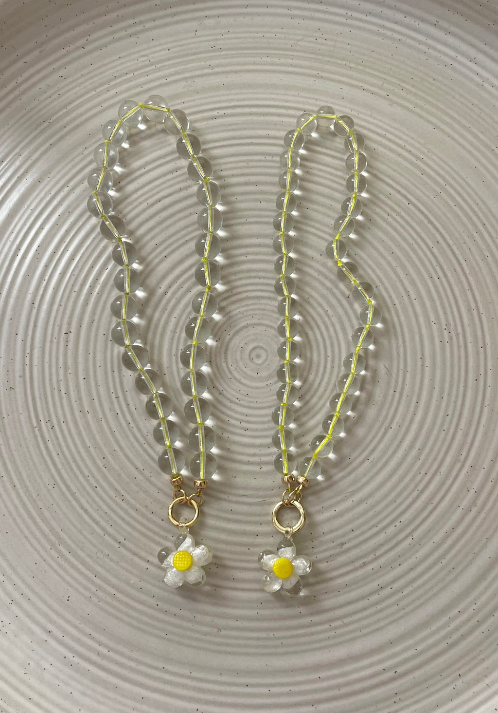 Bright Bubble Necklace: Clear Glass Bubble Beads Handknotted on Neon Yellow Silk Thread Gold Circle Clasp Handmade Glass Daisy Pendants 2 Bead Options: 8mm or 10mm