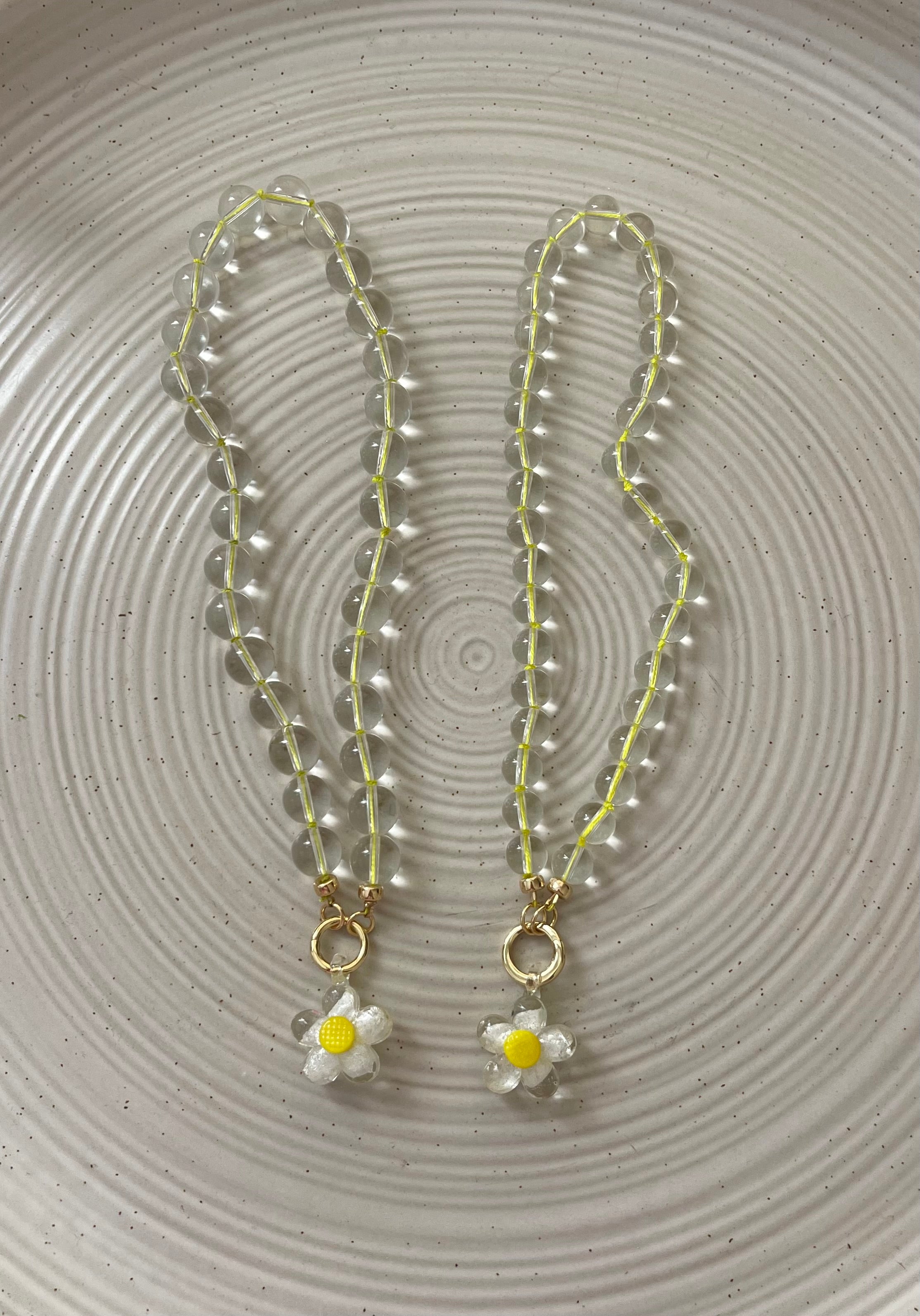 Bright Bubble Necklace: Clear Glass Bubble Beads Handknotted on Neon Yellow Silk Thread Gold Circle Clasp Handmade Glass Daisy Pendants 2 Bead Options: 8mm or 10mm