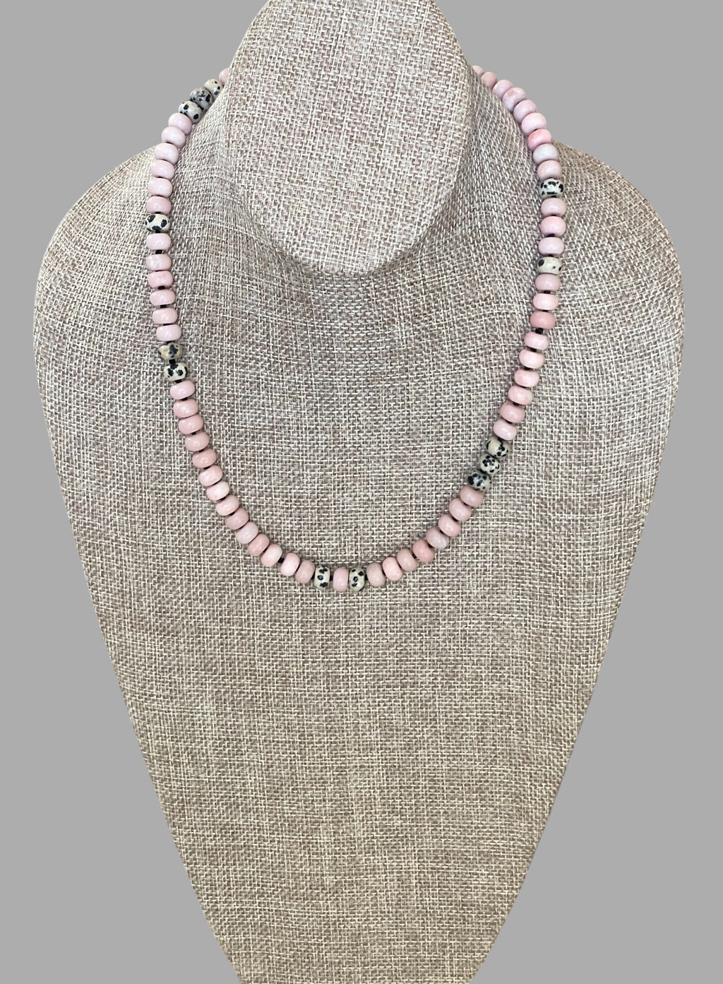 The Pink Leopard Necklace: Natural matte pink opals hand knotted on black silk w Dalmatian Jasper accents Gold pavé leopard heart OOAK