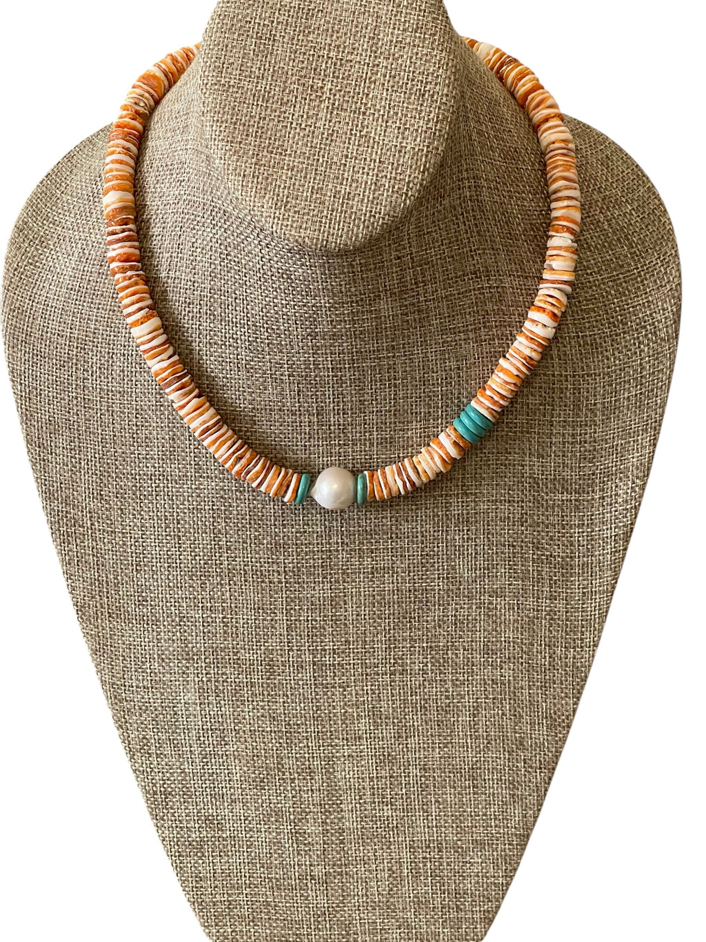 Baja Surf Necklace: Spiny Oyster Shell w Tuquoise (Howlite) and a Baroque Pearl Gold or Silver Clasp