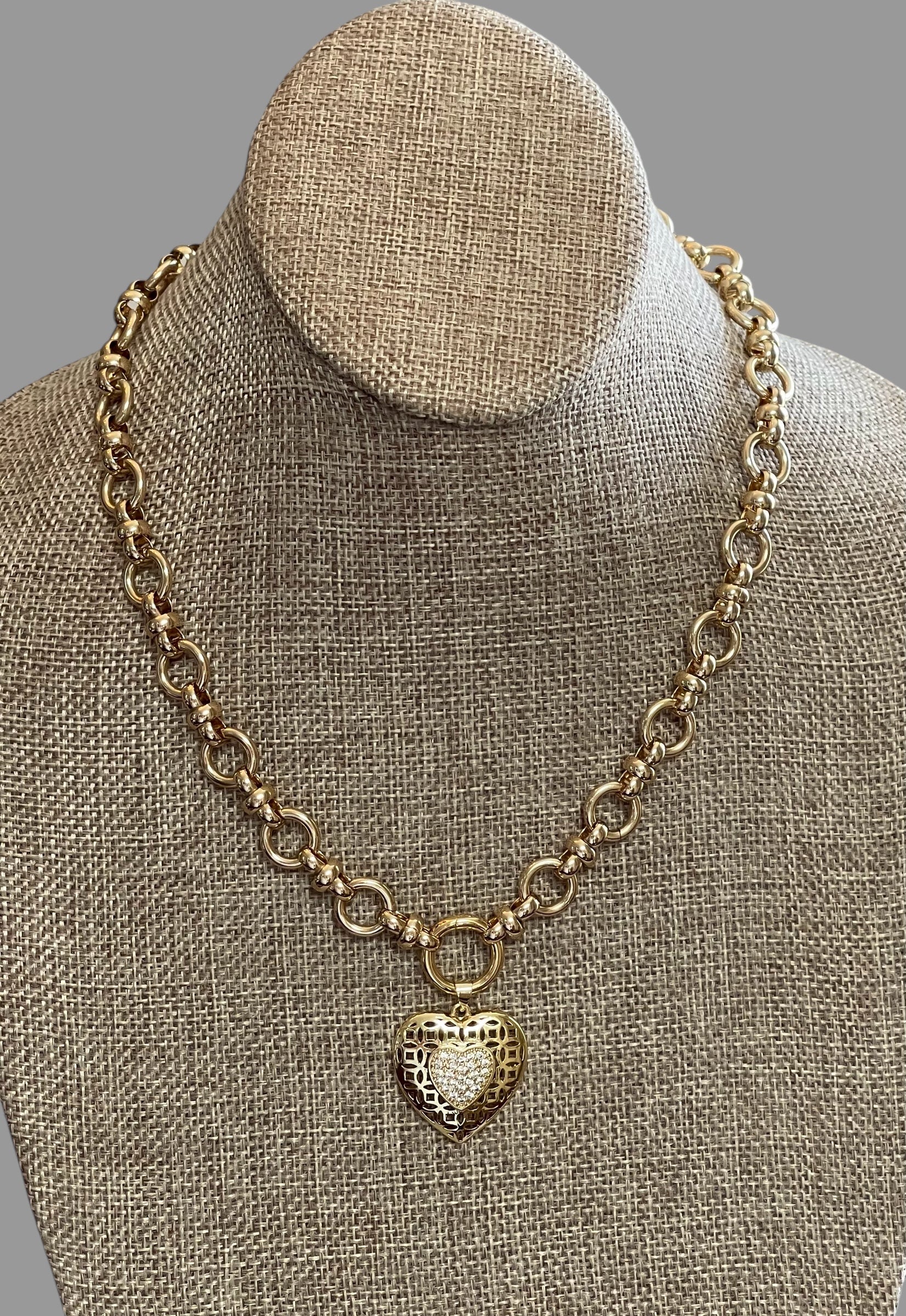 Elysian Gold Necklace: A timeless chain style w/a round clasp/charm holder, classic heart pendant OOAK