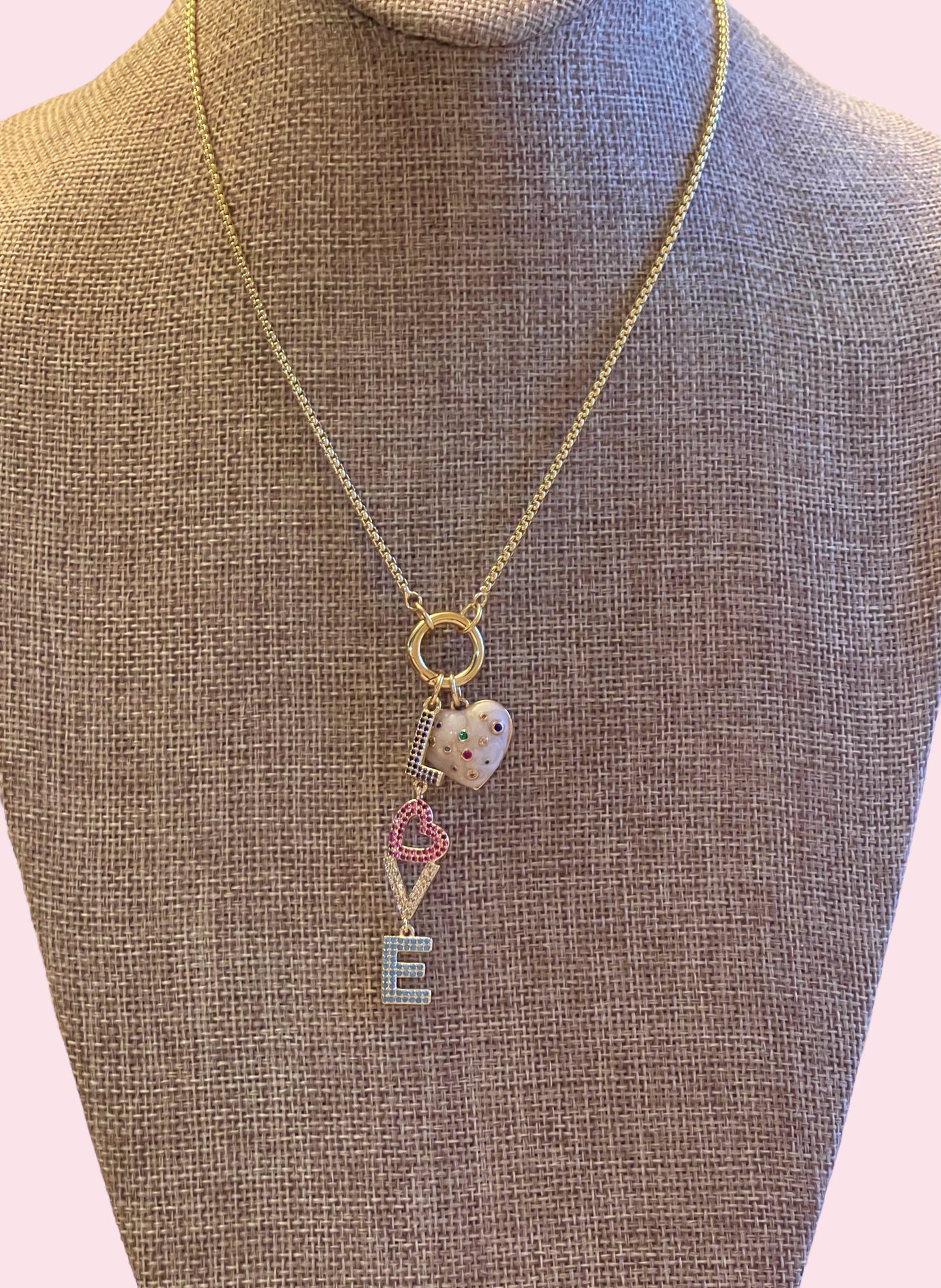 Loving Color Necklace: Thin gold cable chain w/ circle clasp/charm holder Adorable jeweled heart and love charms OOAK