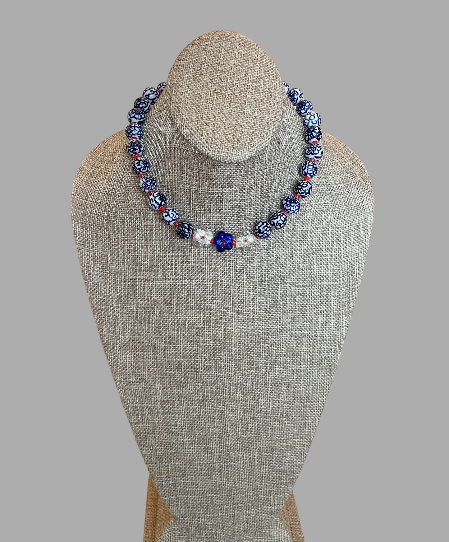 Blue Blossoms Necklace: Porcelain Chinoiserie Style Beads w Glass Flowers