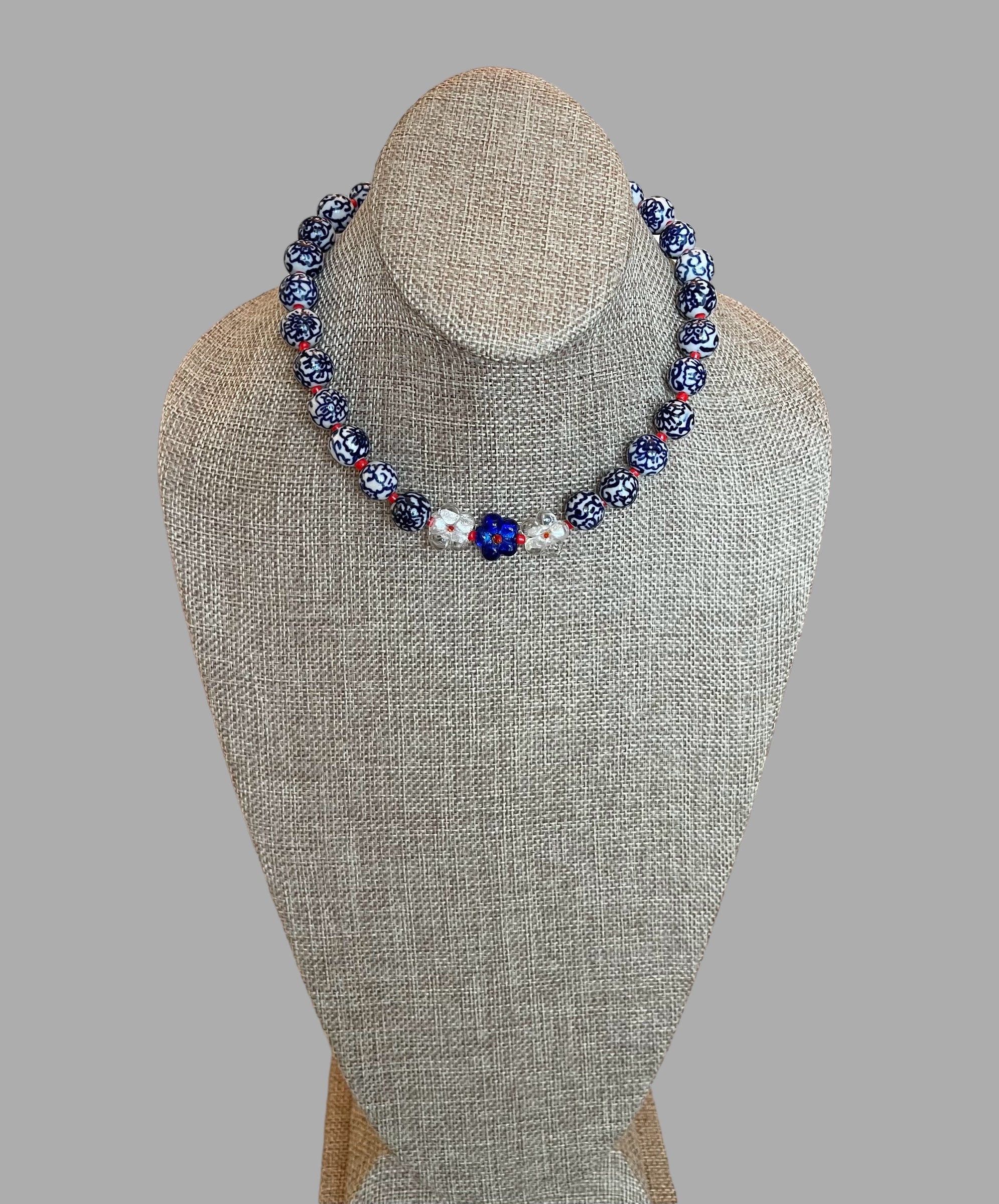 Blue Blossoms Necklace: Porcelain Chinoiserie Style Beads w Glass Flowers