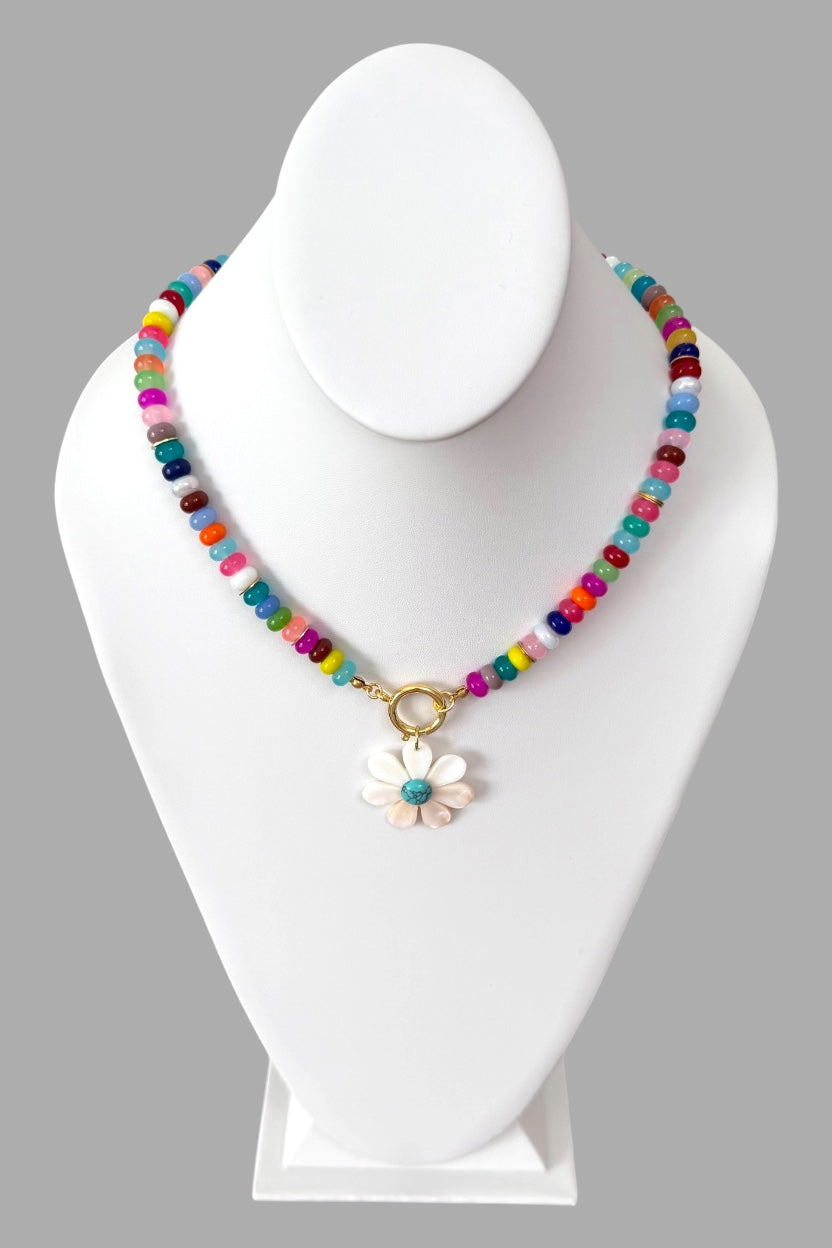 Happy Bloom Necklace: Mixed Gemstones & Glass beads Mother of Pearl Pendant
