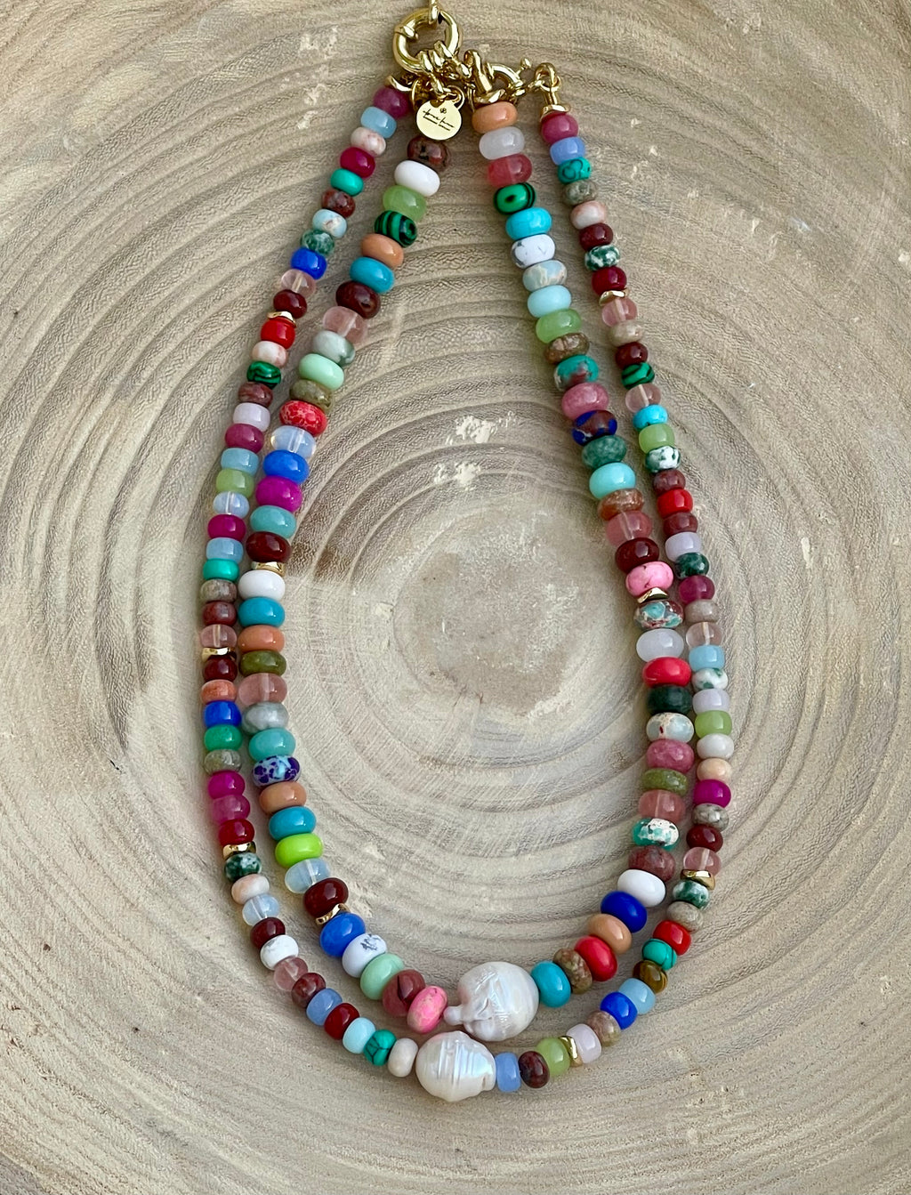 Joie Necklace: Colorful Mix of Natural Gemstones Gold Accent Beads and a Freshwater Baroque Pearl 2 Bead Size Options 6mm or 8mm