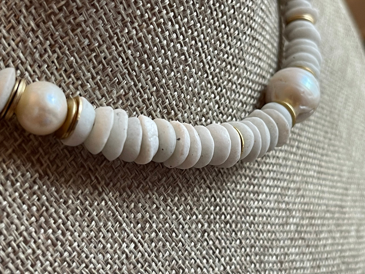 White Sands Necklace: White Ashanti Glass Beads with Baroque Pearls