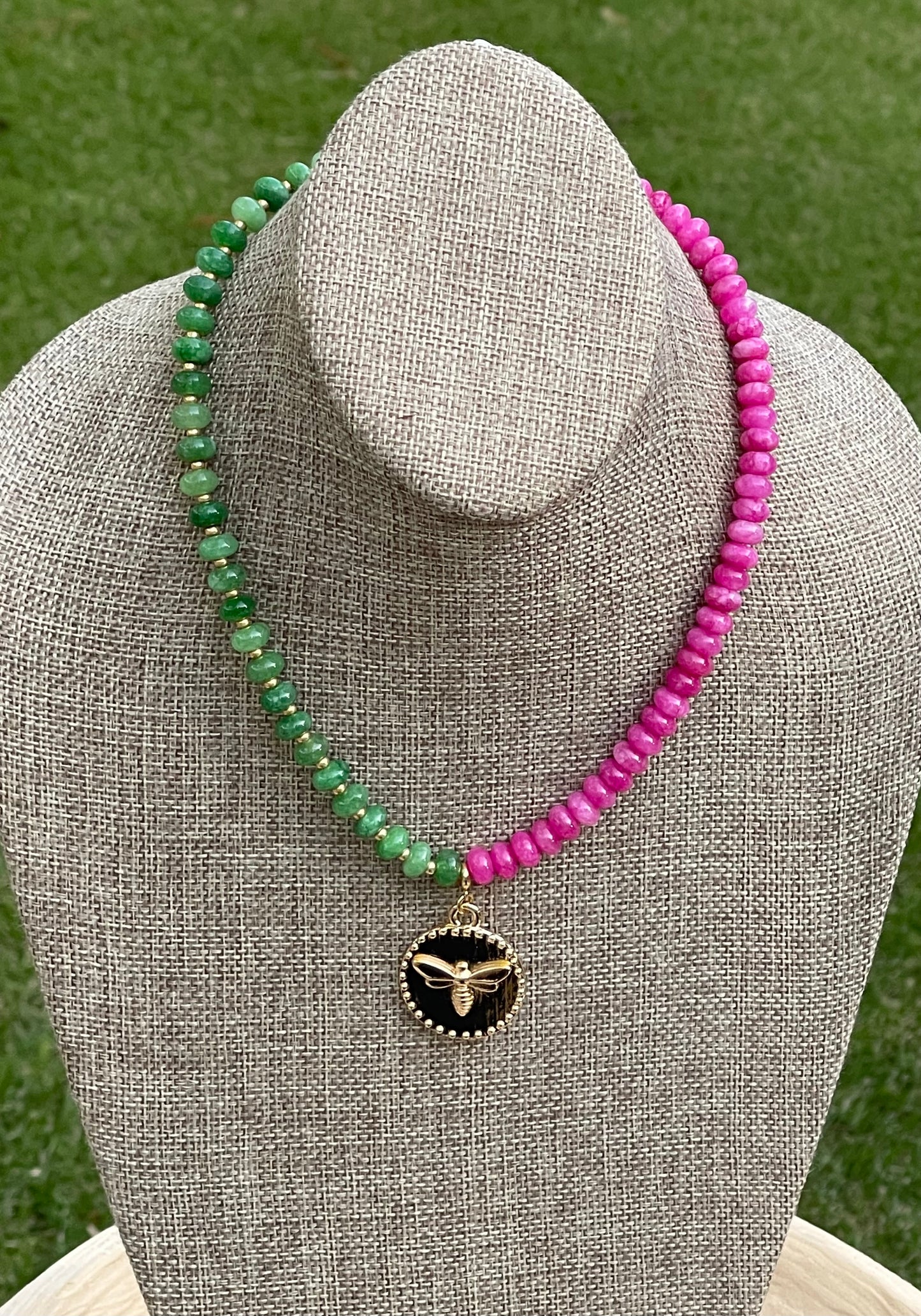 Honey Pop Necklace: OOAK Green & Hot Pink Natural Jade Stone Beads, Gold Accents, a Shiny Gold Bee Coin Style Pendant