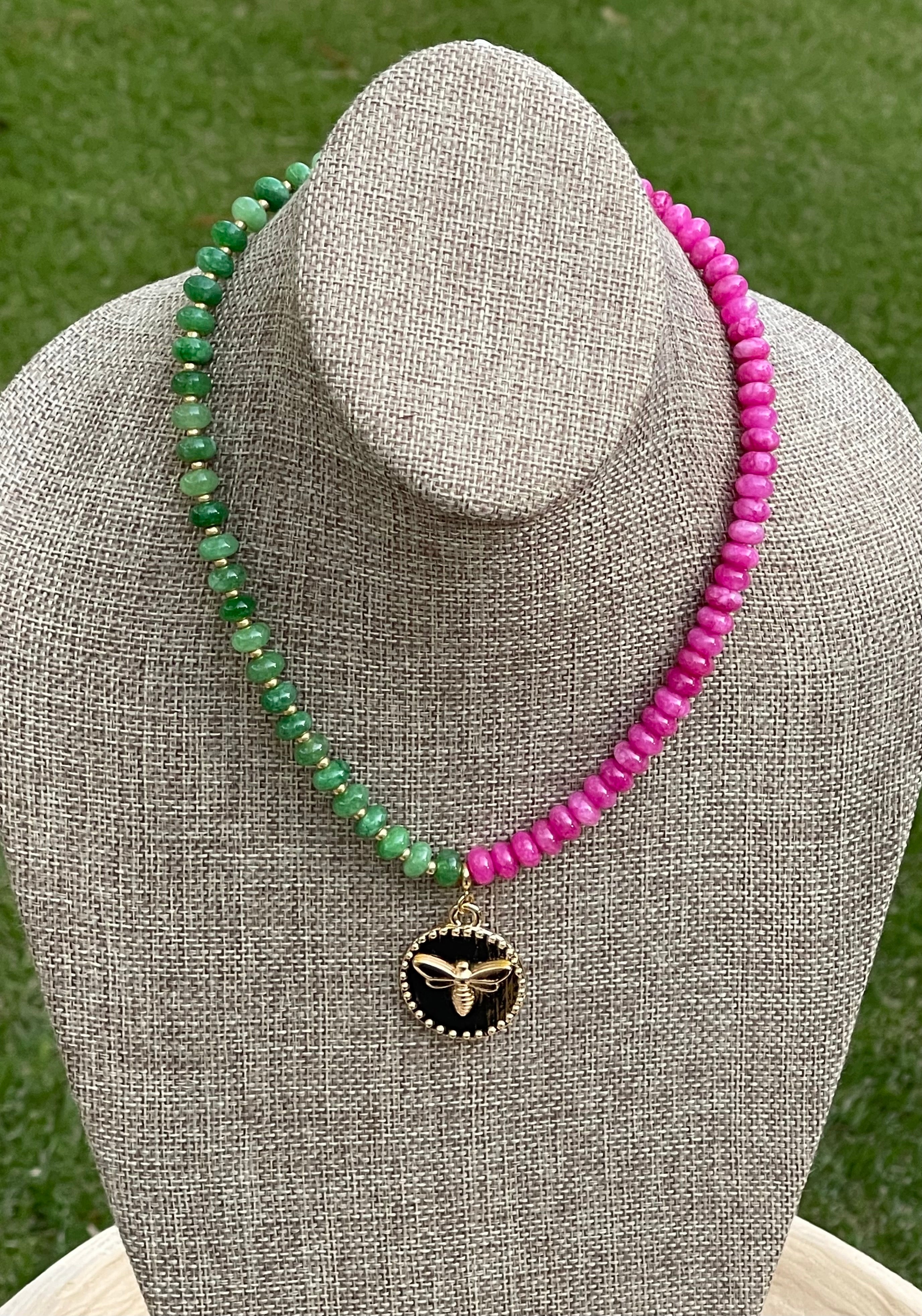 Honey Pop Necklace: OOAK Green & Hot Pink Natural Jade Stone Beads, Gold Accents, a Shiny Gold Bee Coin Style Pendant