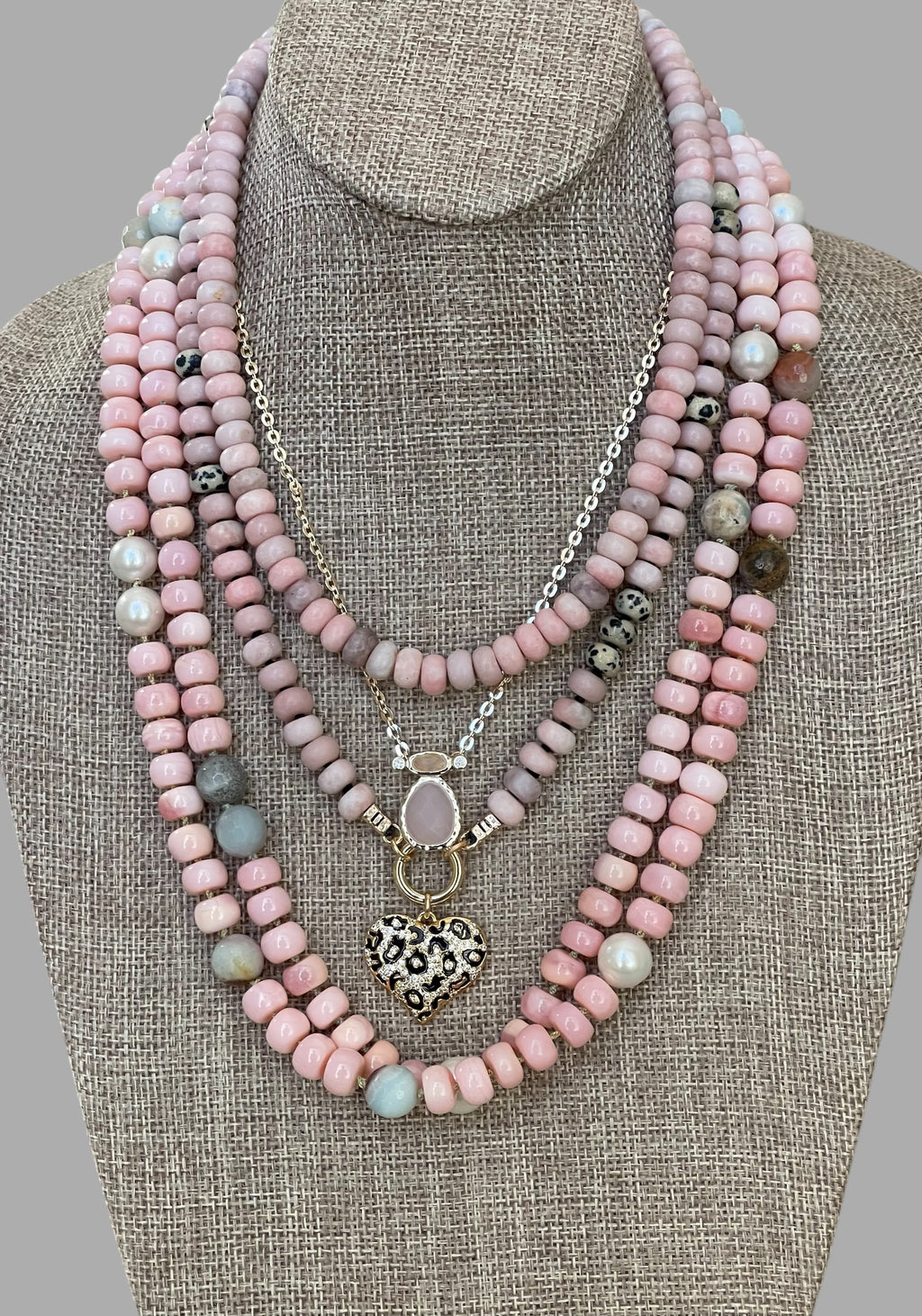 The Audrey Necklace: Natural pink opals hand knotted on pale green silk w Pearls and Amazonite