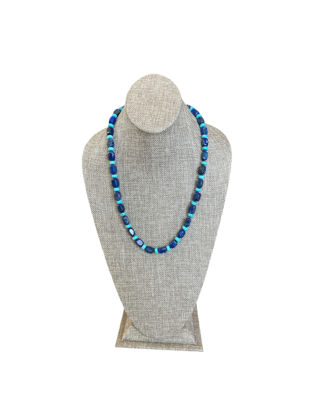 The Catherine Necklace: Gorgeous Lapis Lazuli barrel shaped beads hand knotted on silk w Turquoise accent beads Silver clasp