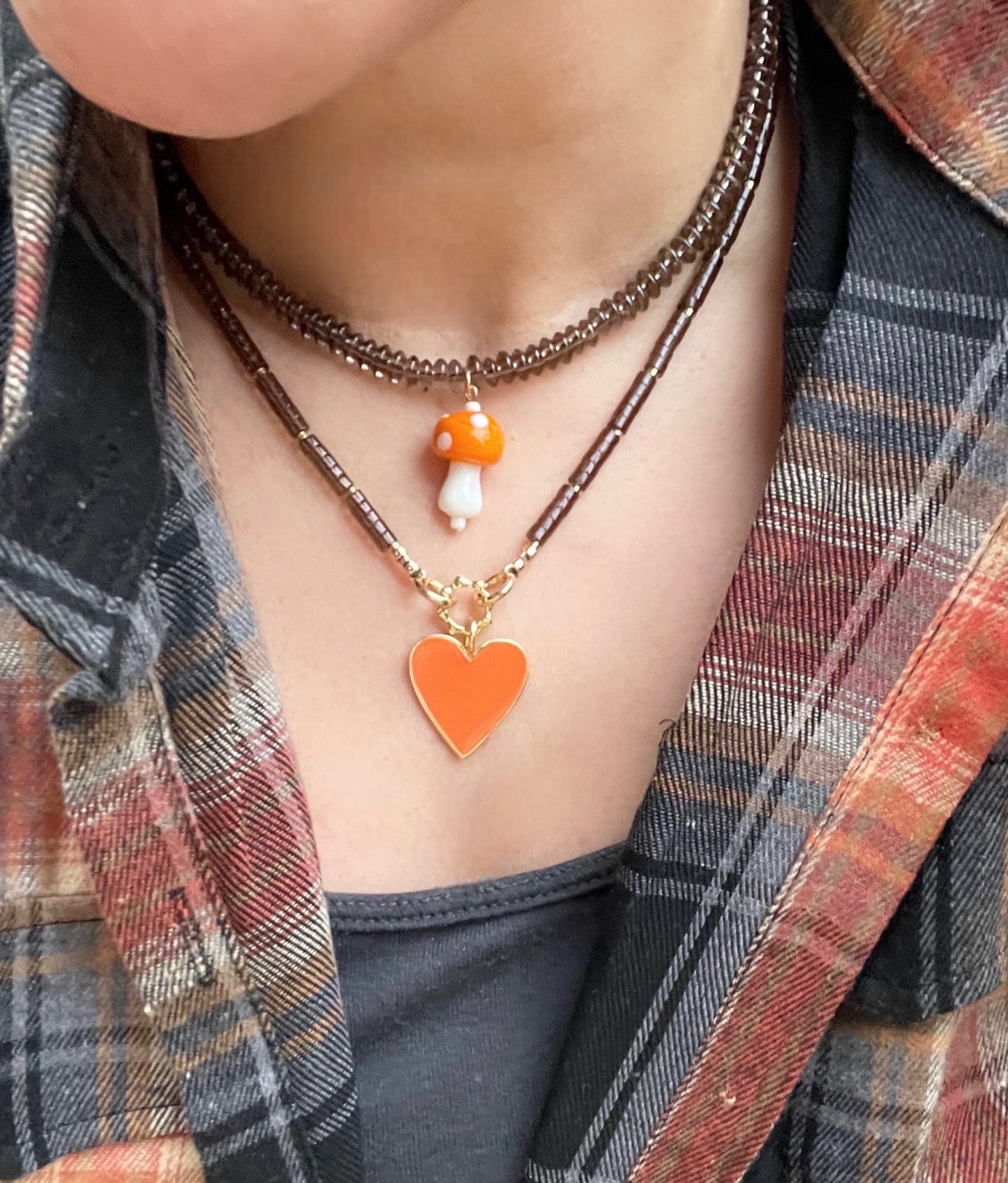 The Smokey Mushroom Necklace: Smokey Quartz Beads with a Hand Painted Glass Mushroom Charm