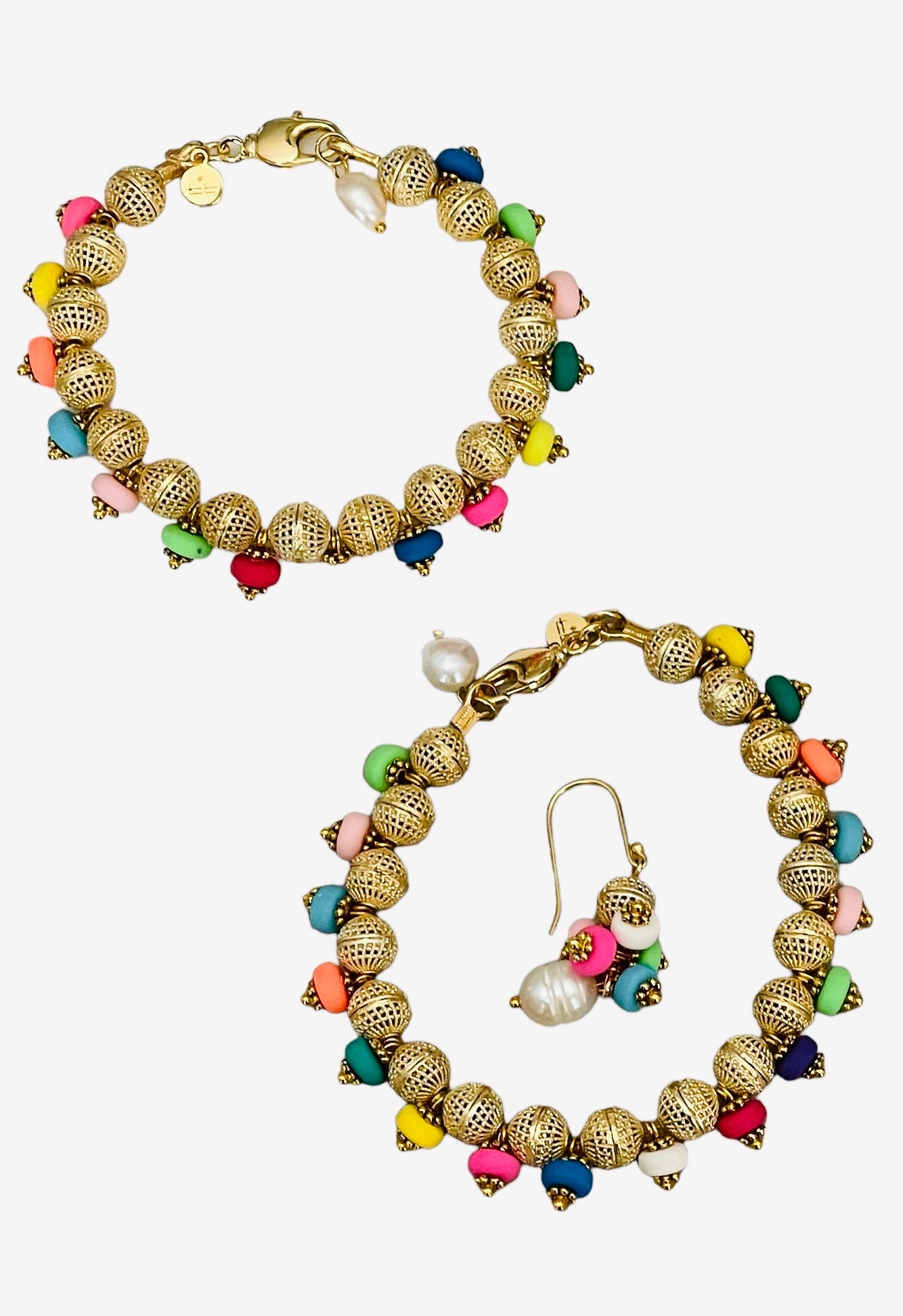 Paradise Island Bracelet: 14k Gold plated textured beads w multicolor polymer clay charms Freshwater Pearl charm on a gold filled clasp