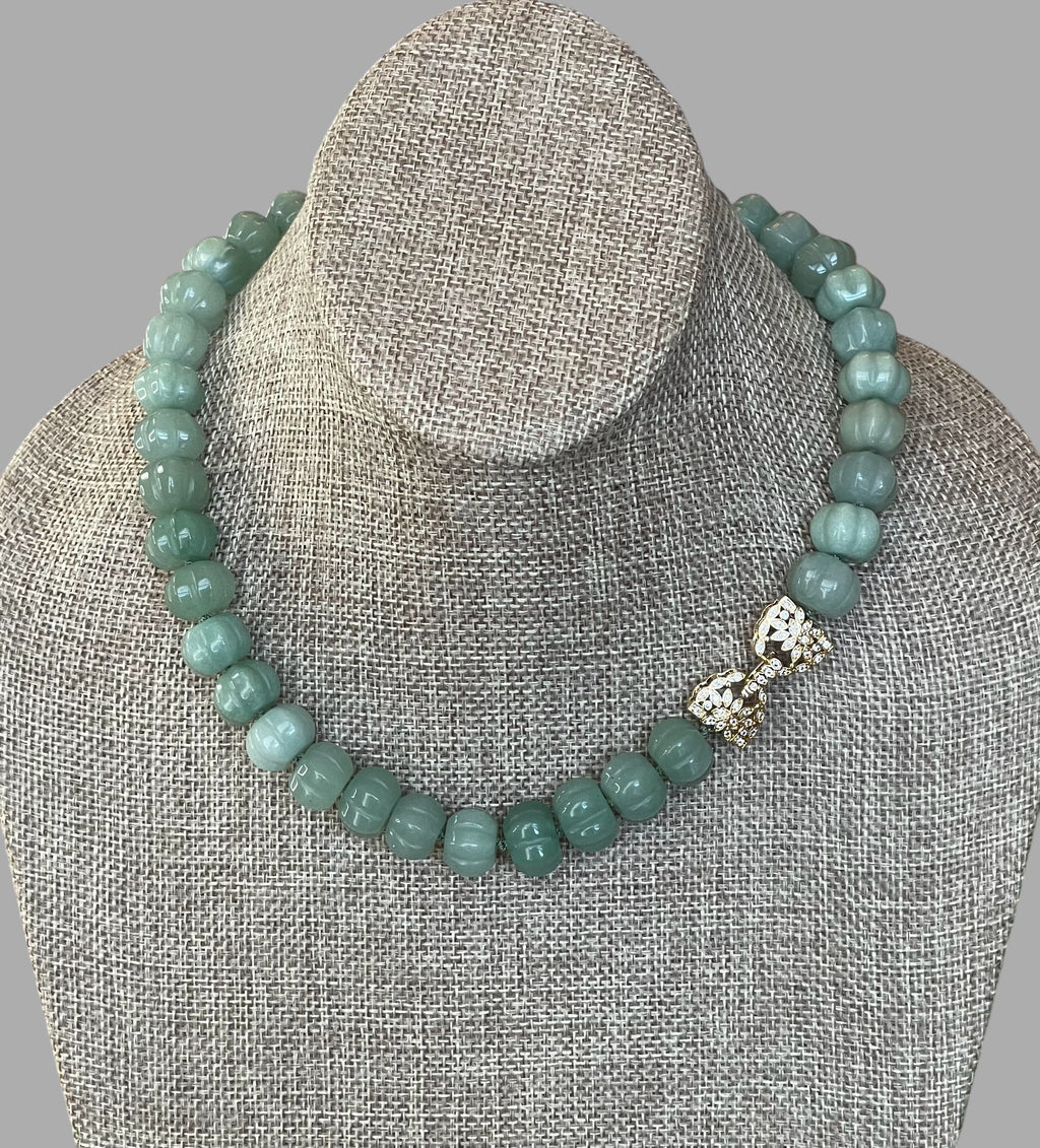 Sage Serenade Necklace OOAK: Sage green hand carved gemstones Hand-knotted on silk