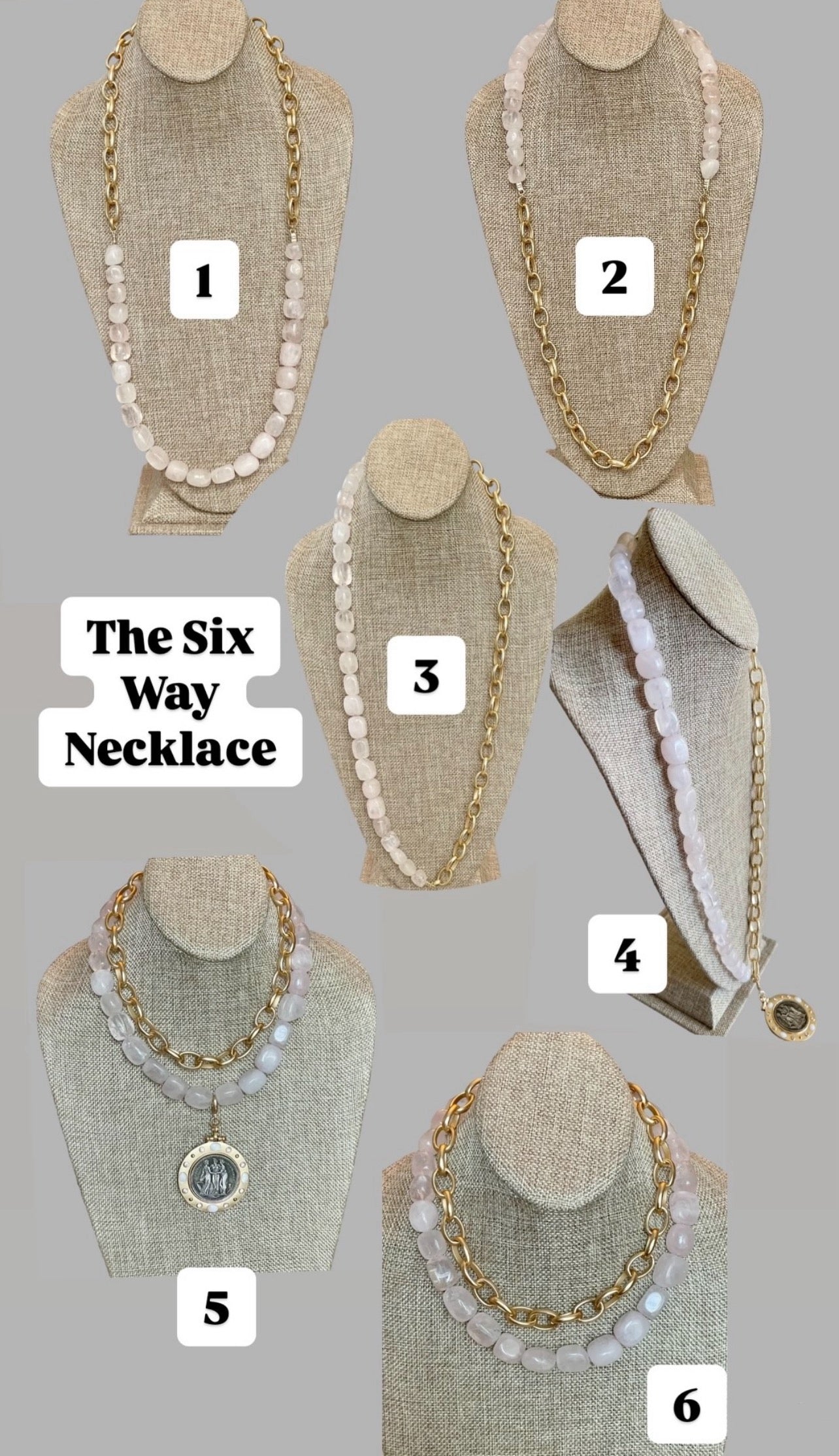 The Six Way Necklace: Rose Quartz and Brushed Gold Chain Duo with Greek Three Graces Replica Coin Pendant