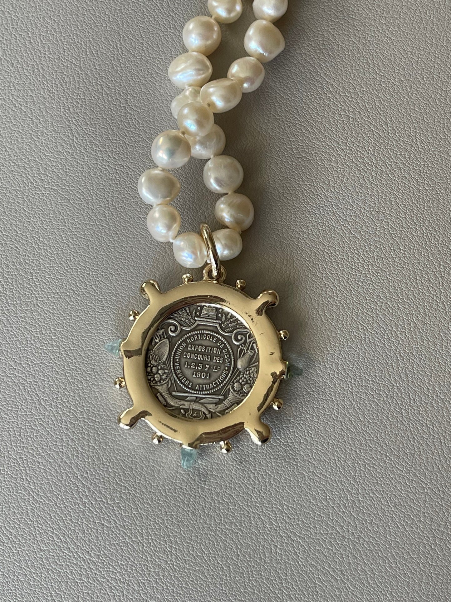 Bonjour Necklace: Hand Knotted Freshwater Pearls w/ a Gold Bean Clasp & French Vintage Coin Pendant All Gold Filled