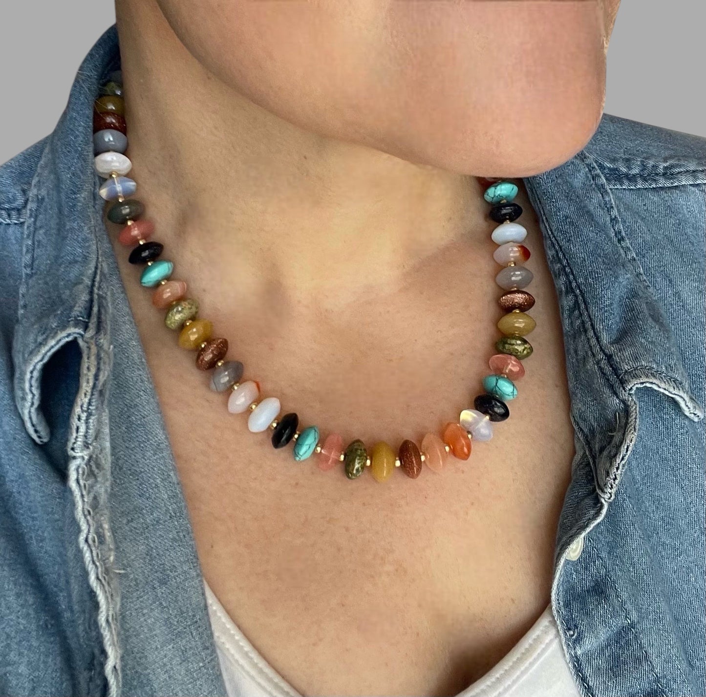 The Francis Necklace: Natural Gemstone Disc Shaped Beads w Gold or Silver Accents