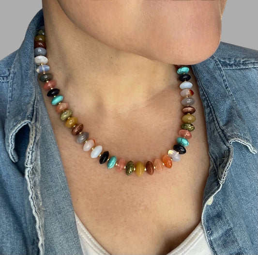 The Francis Necklace: Natural Gemstone Disc Shaped Beads w Gold or Silver Accents