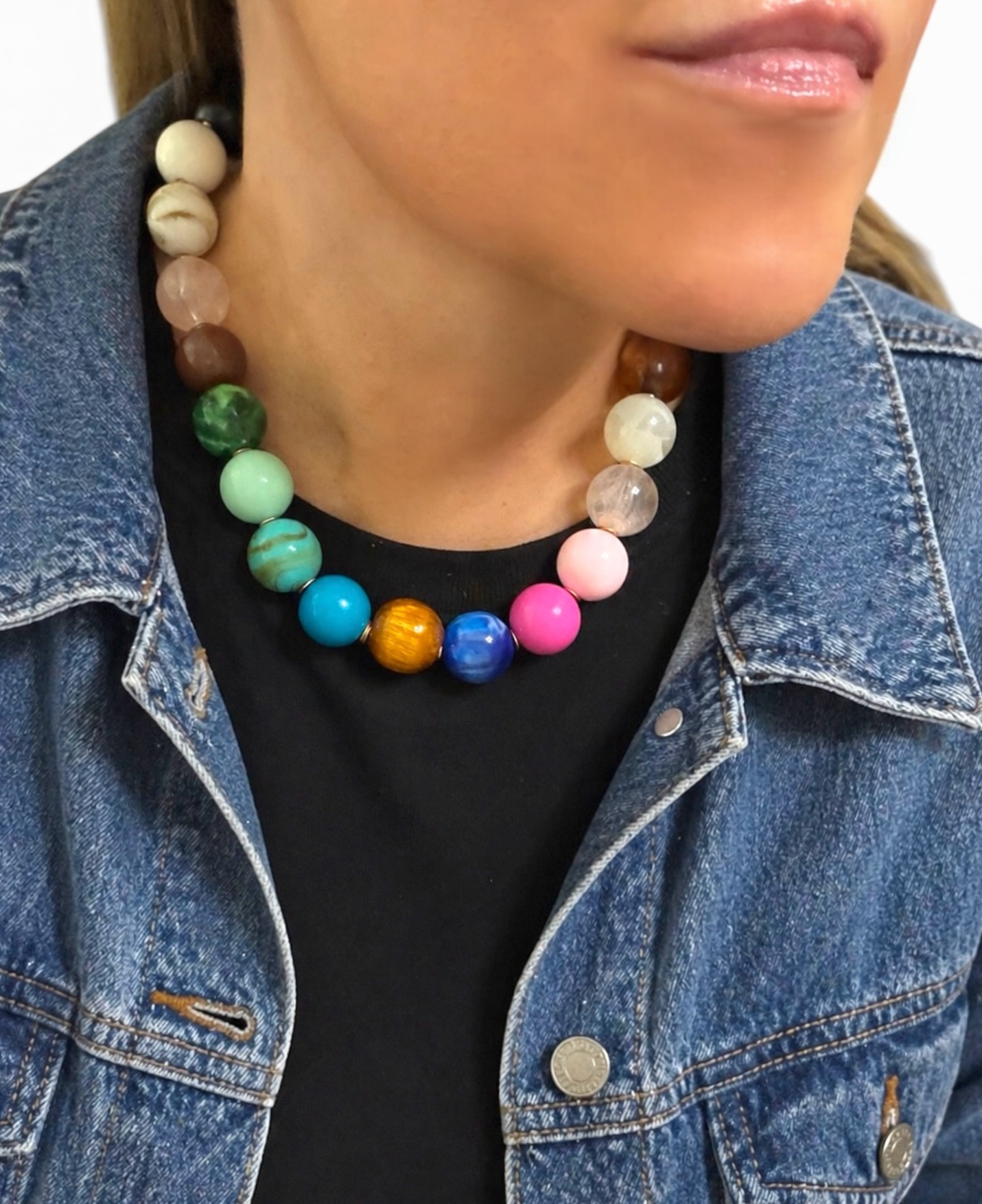 The Gathered Color Necklace: multi color intricate beads with a tiny pop of gold