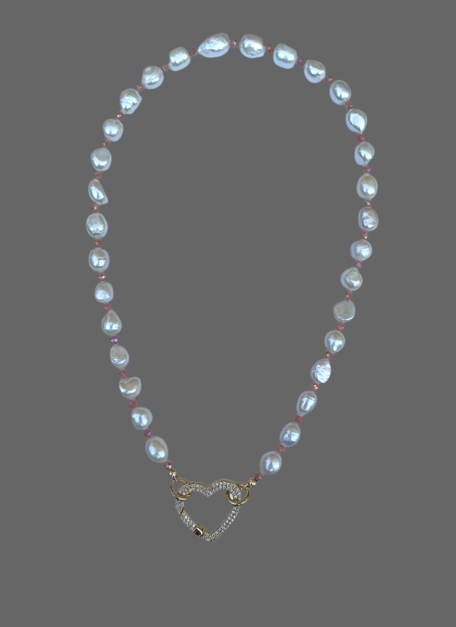 OOAK Pearls For Rose Necklace: Freshwater Pearls with Rose Pink Crystal accent beads and a Gold Filled Heart Clasp