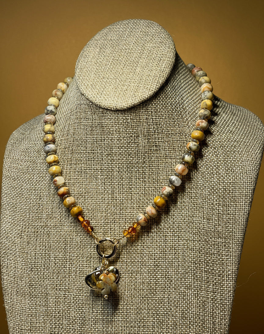 Autumn’s Embrace Necklace: Crazy Lace Agate natural stones in warm tones, Accented w Czech glass, Baltic stones and Gold charms