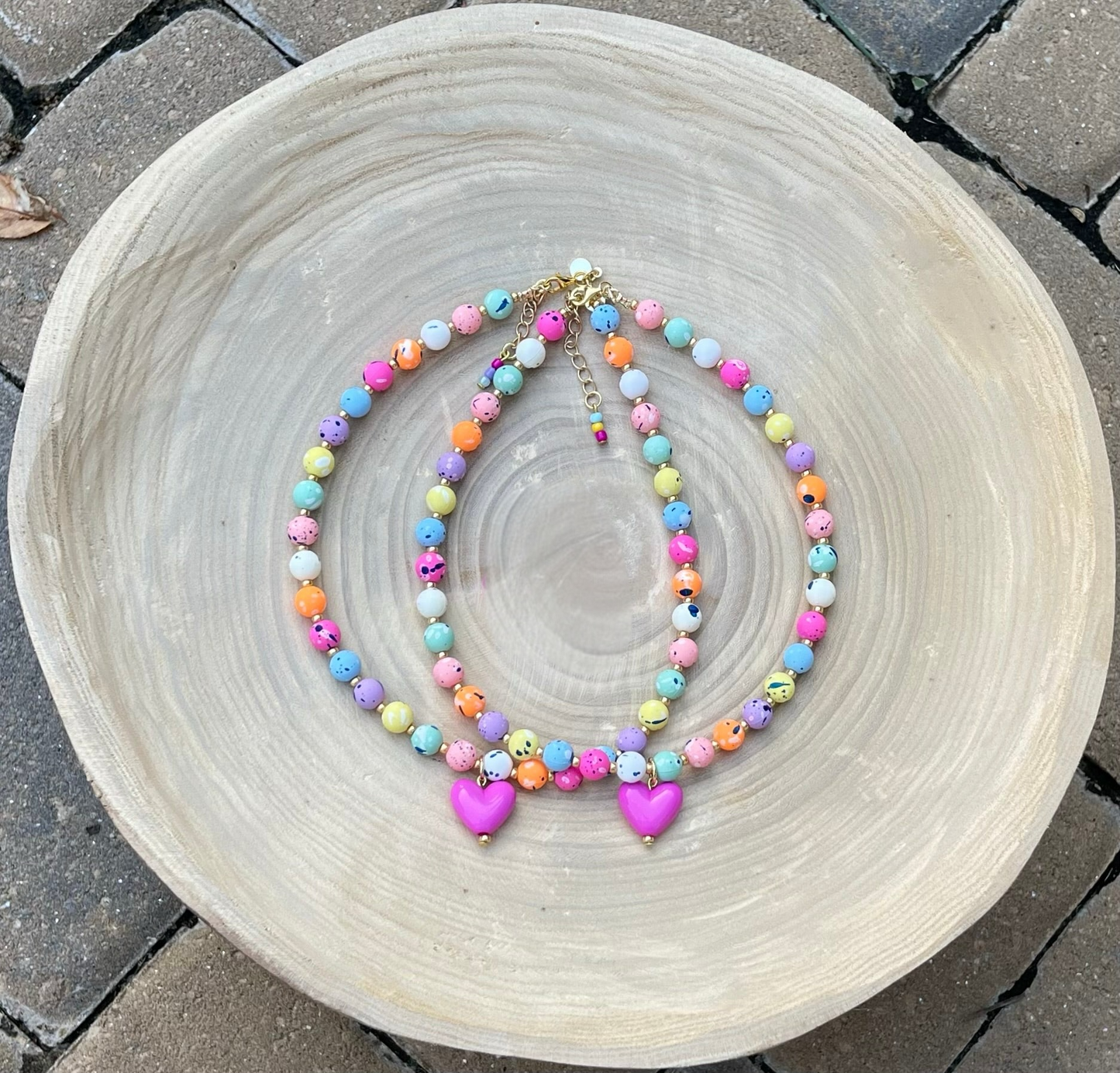 Color Confetti Necklace: Acrylic beads, gold spacer beads and a hot pink acrylic heart pendant