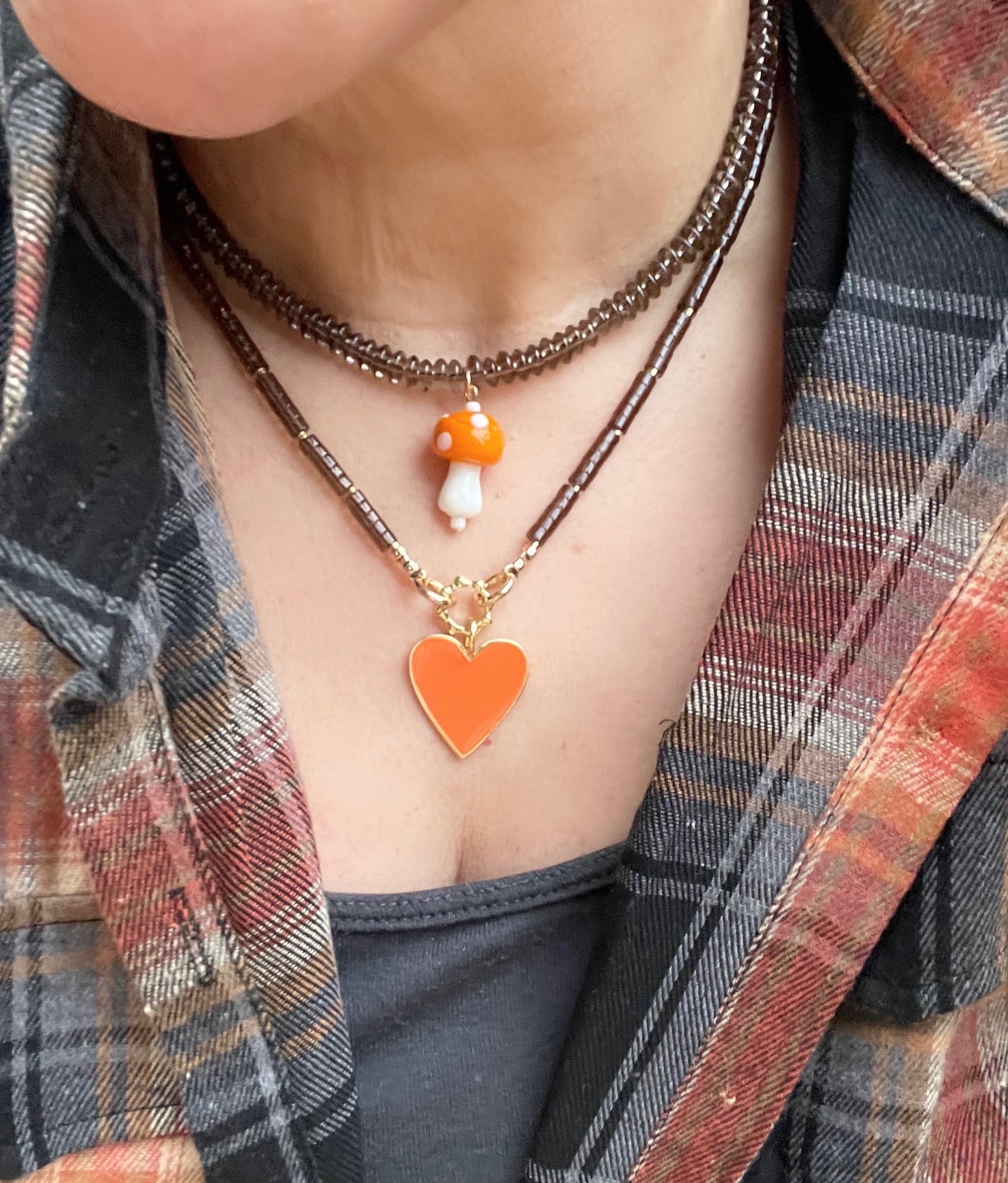 Orange Heart Necklace: Smokey Quartz Heishi Cut Beads w Gold Accents and Orange Enameled Heart Charm