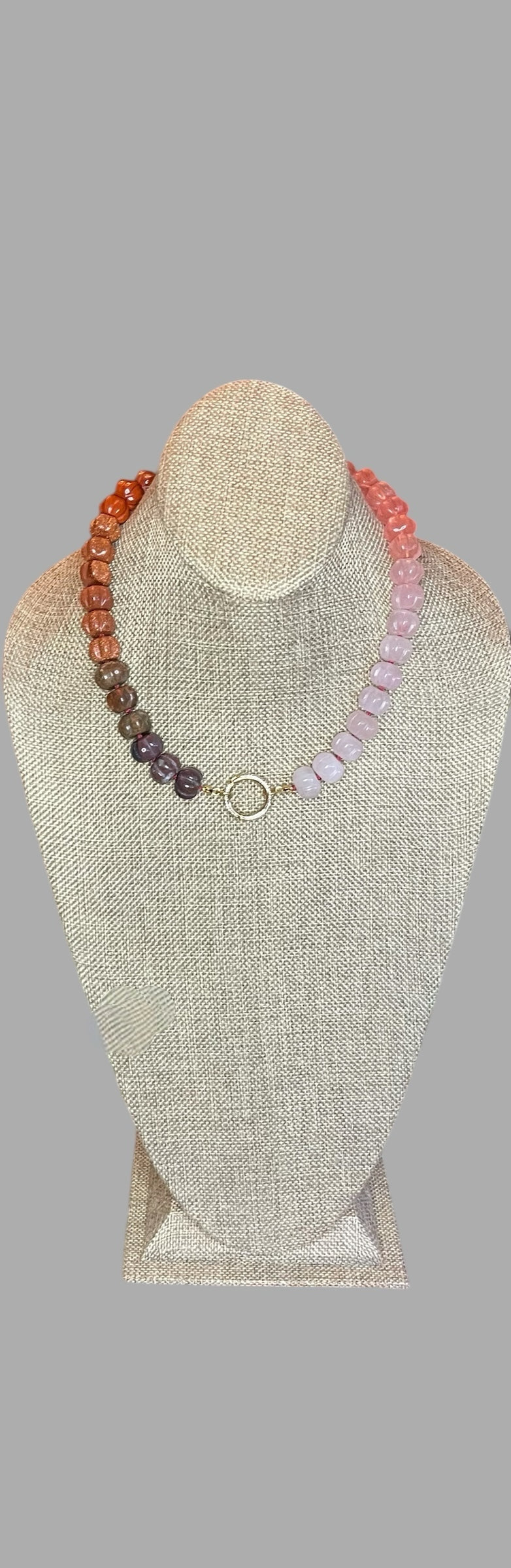 Ombré Roses Necklace OOAK: A stunning mix of hand-carved Gemstones, hand-knotted on pink silk