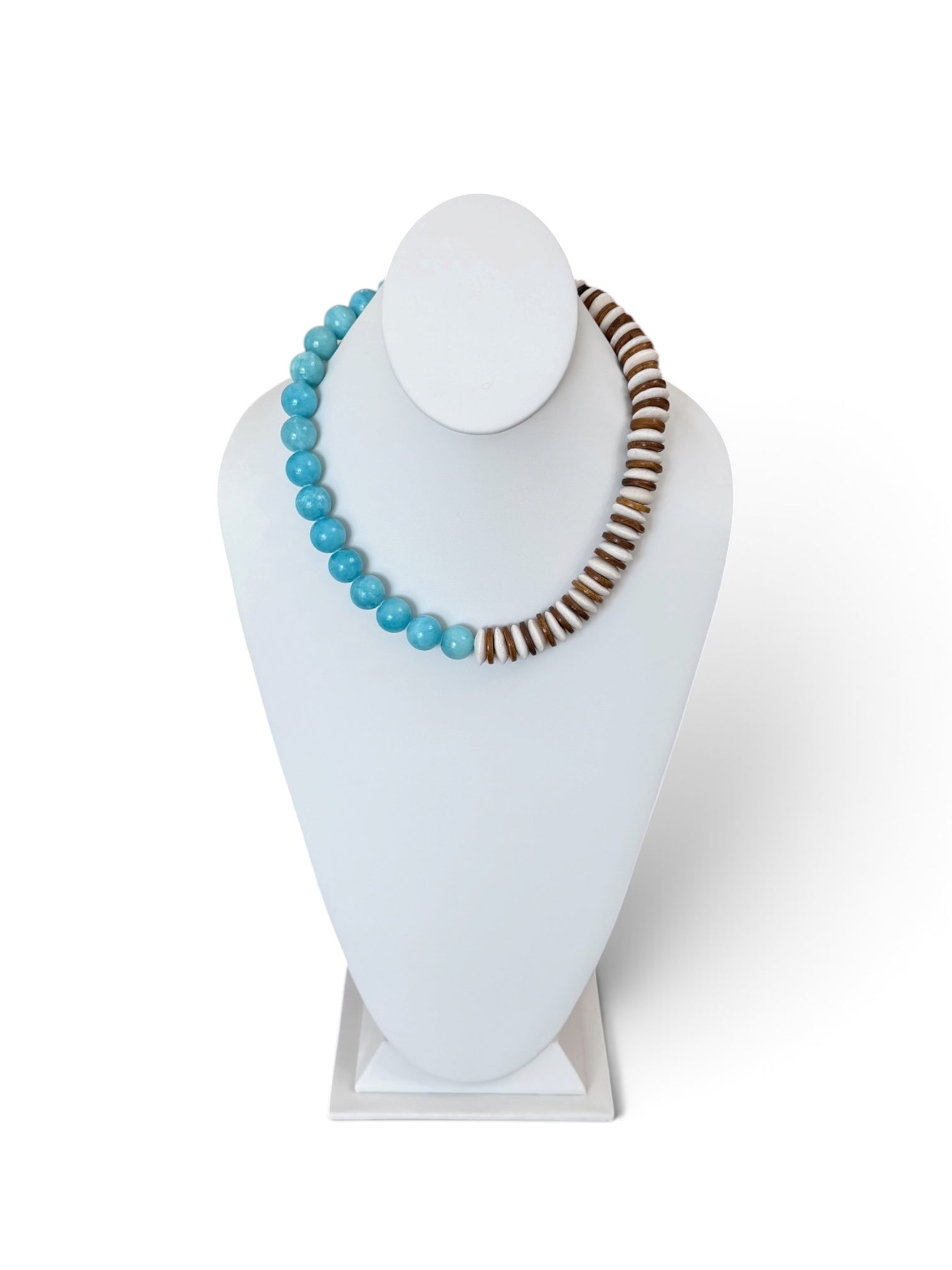 Sky & Timber Necklace: Ashanti glass, wood, and Jade with gold pavé clasp