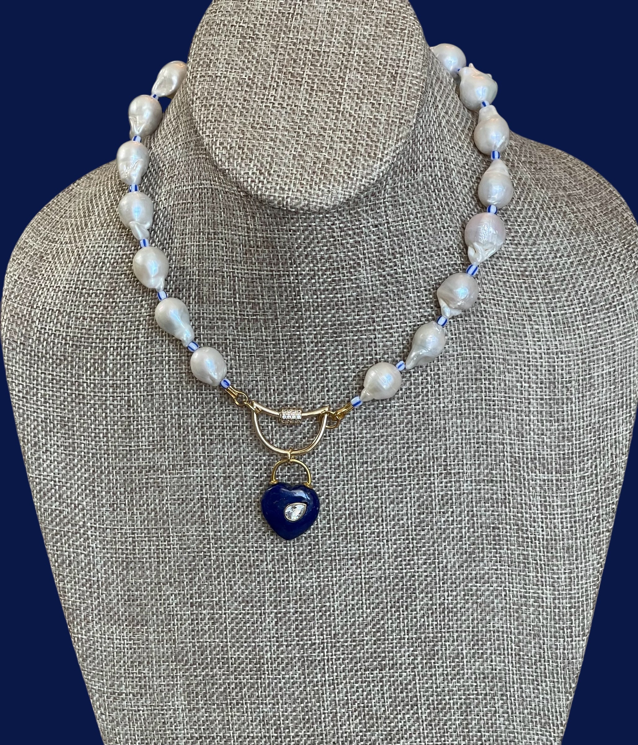 The Gabrielle Necklace: High Quality Baroque Pearls, Blue accent beads and a Lapis Lazuli Heart Pendant OOAK