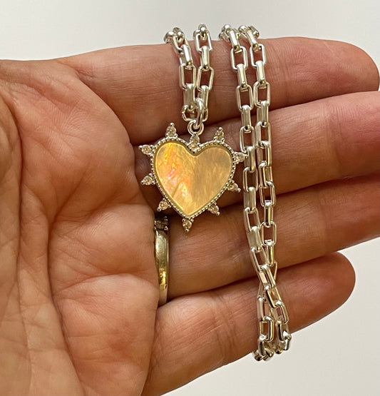 Radiant Heart Necklace: Matte Silver Chain with Mother of Pearl/CZ Heart Charm