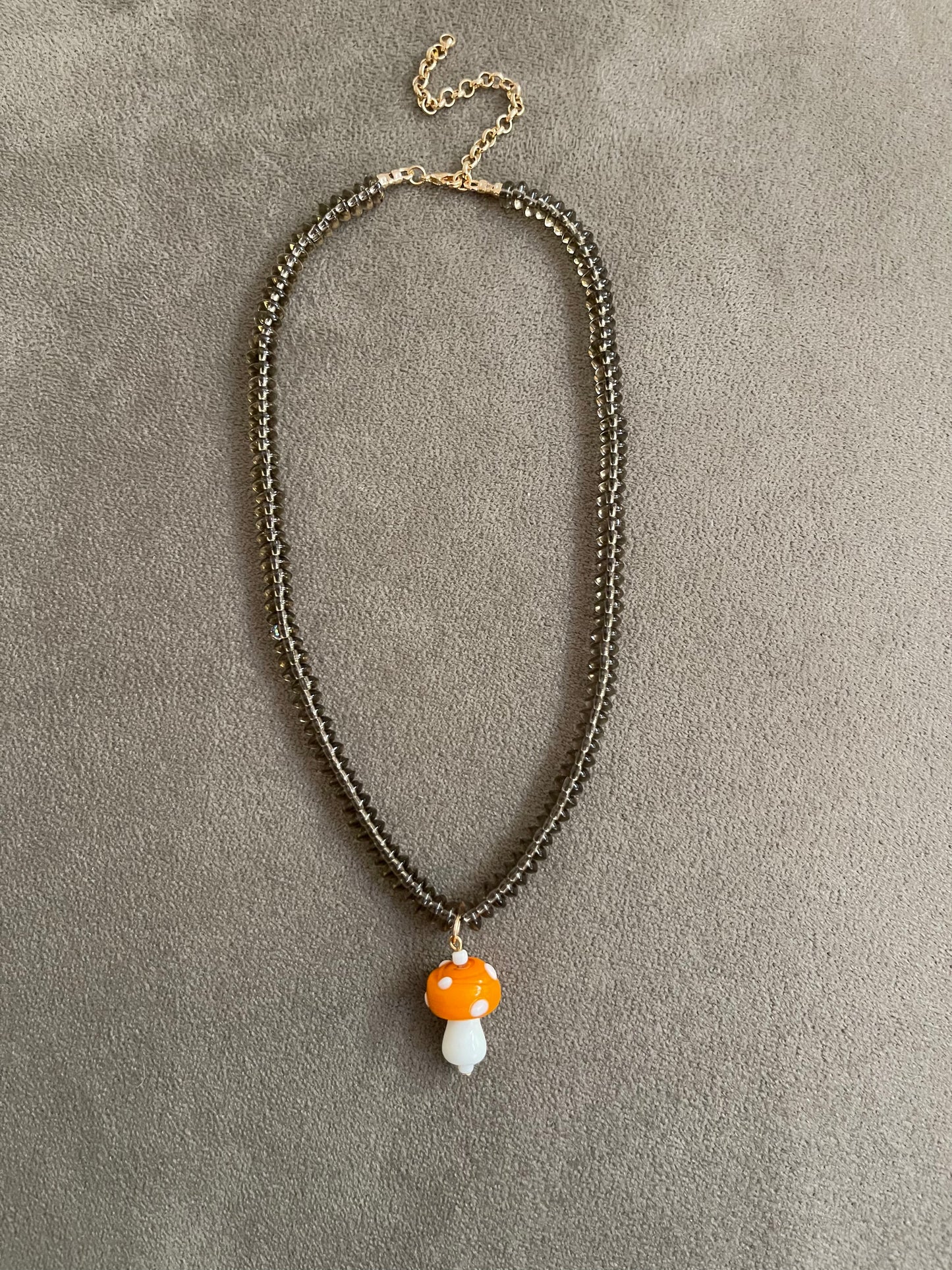 The Smokey Mushroom Necklace: Smokey Quartz Beads with a Hand Painted Glass Mushroom Charm