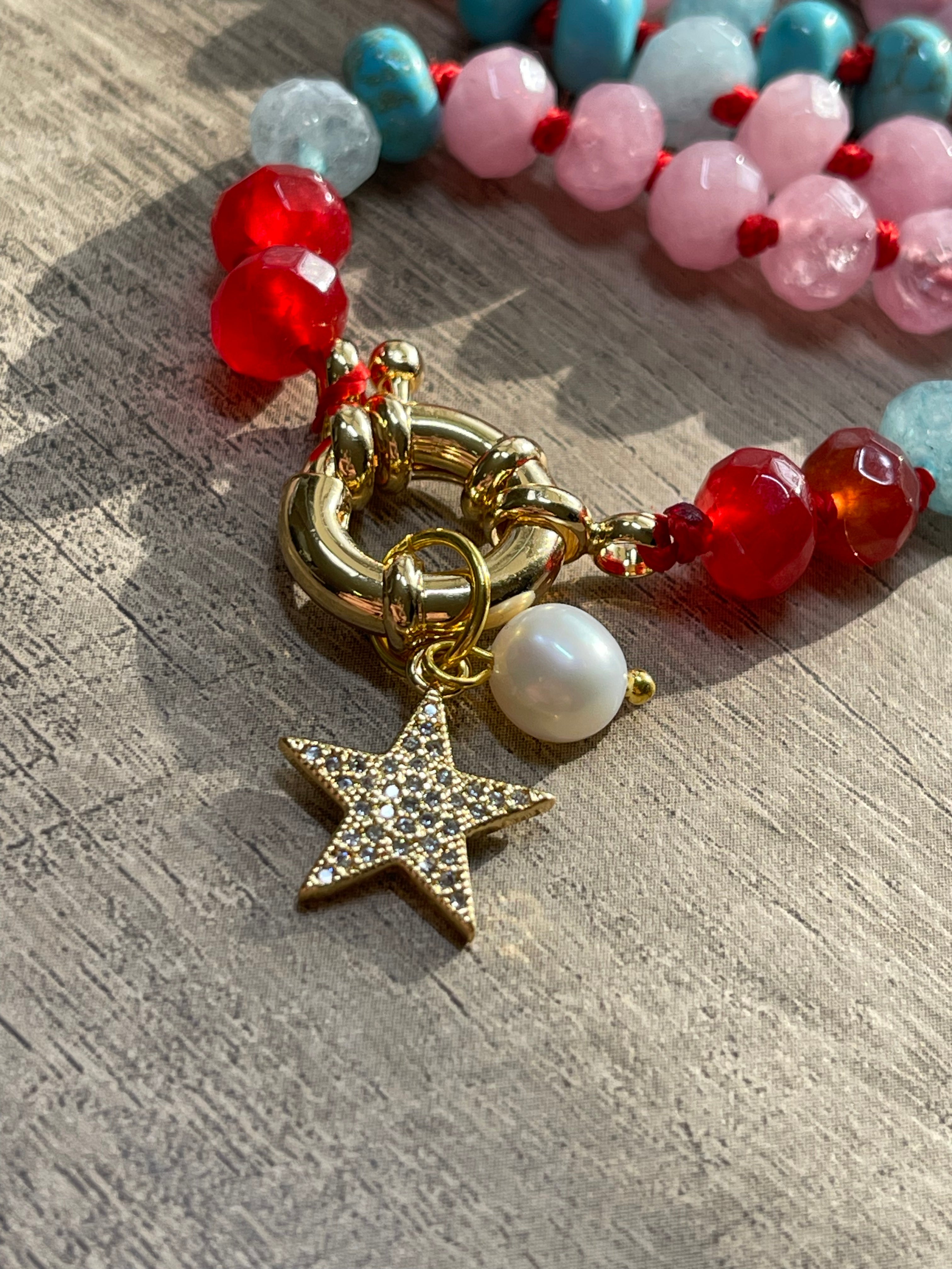 Ms. America: Hand-knotted Natural Stones on red silk w Charms 🇺🇸