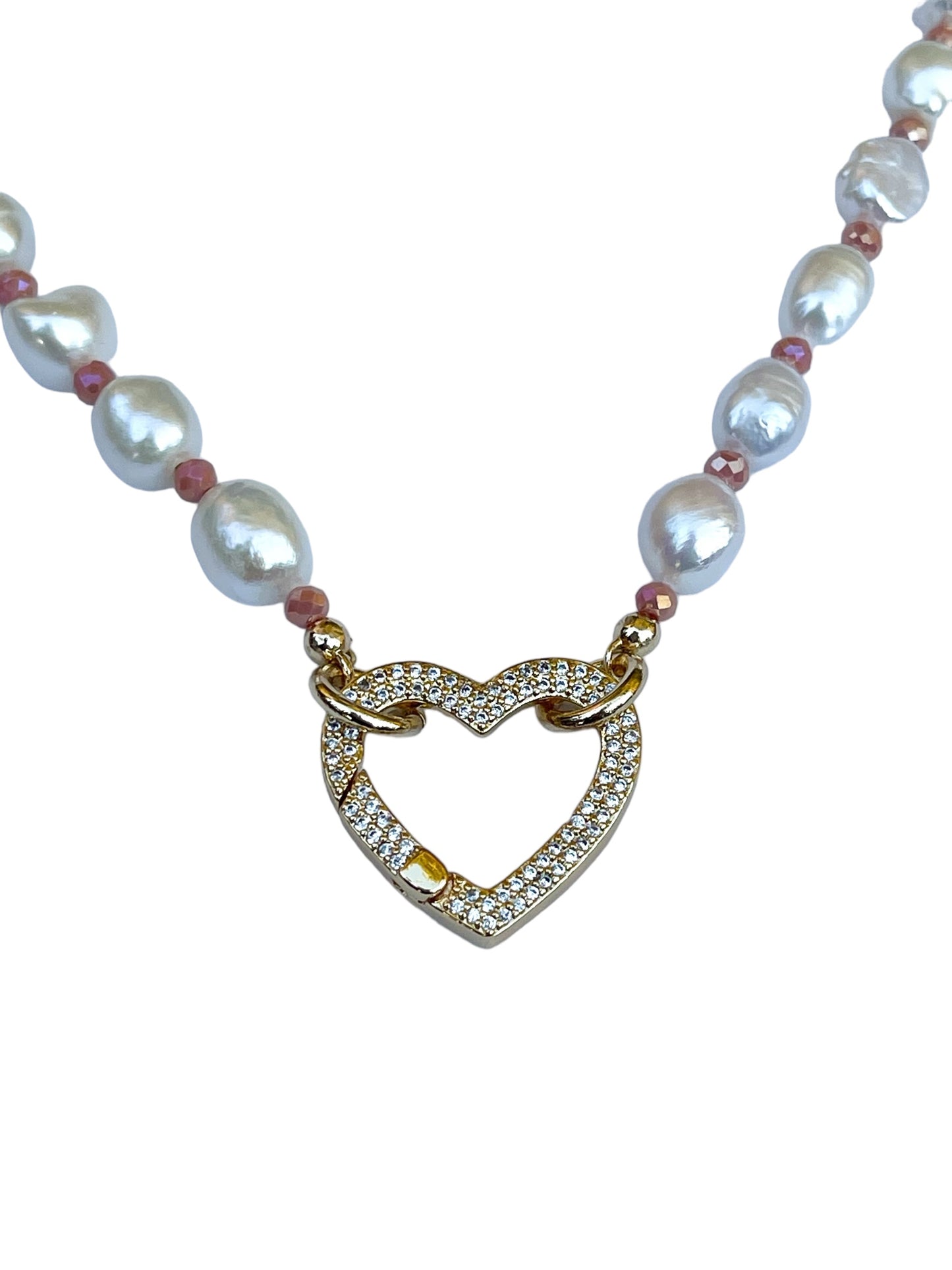 OOAK Pearls For Rose Necklace: Freshwater Pearls with Rose Pink Crystal accent beads and a Gold Filled Heart Clasp