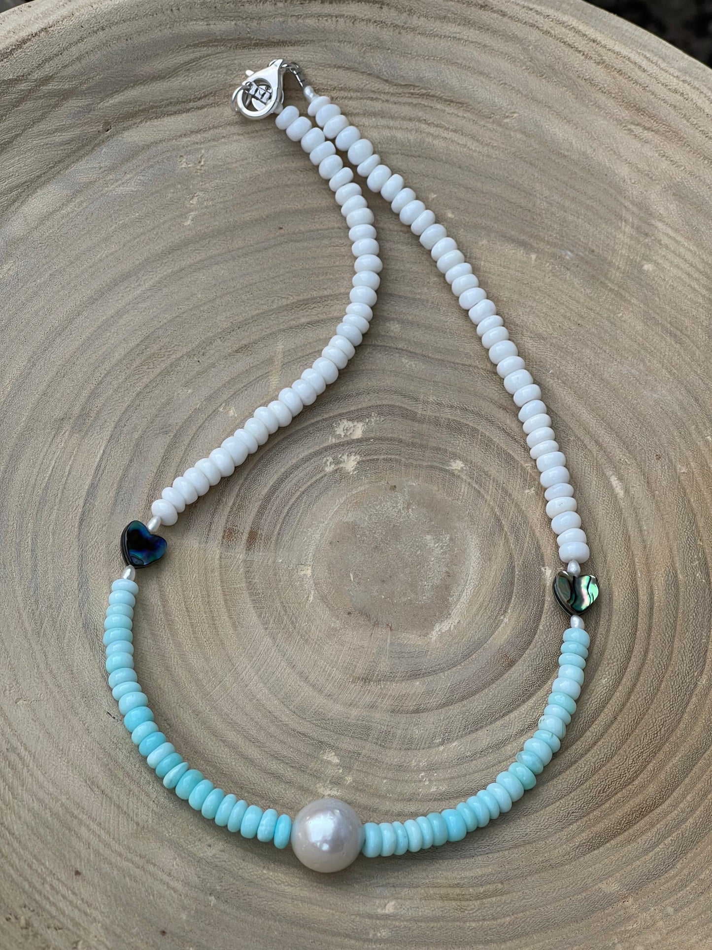Abalone Hearts Necklace:Peruvian blue &white Opals Abalone shell 🩵 Baroque Pearl OOAK